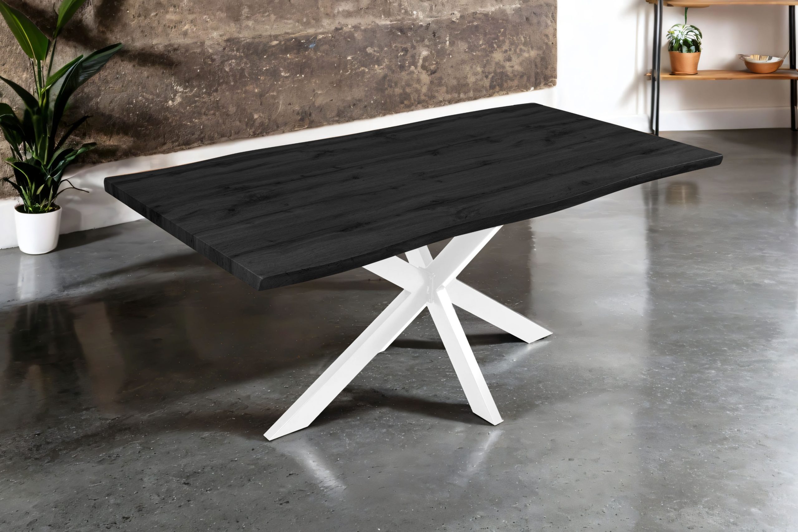 Esstisch 180x90 cm Baumkante Holz Grau-Optik Spider-Gestell Metall weiß JOSY