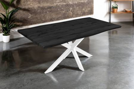 Esstisch 180x90 cm Baumkante Holz Grau-Optik Spider-Gestell Metall weiß JOSY