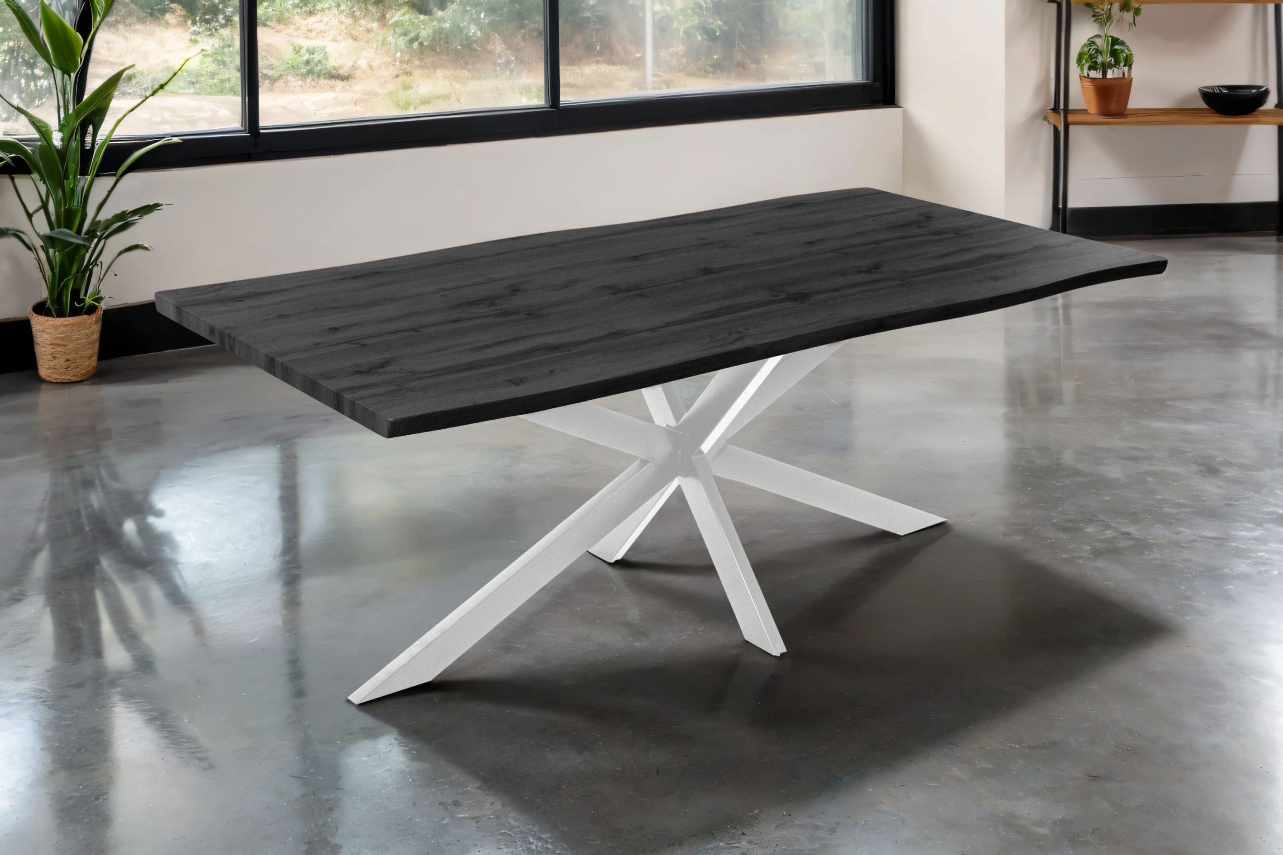 Esstisch 200x100 cm Baumkante Holz Grau-Optik Spider-Gestell Metall weiß JOSY