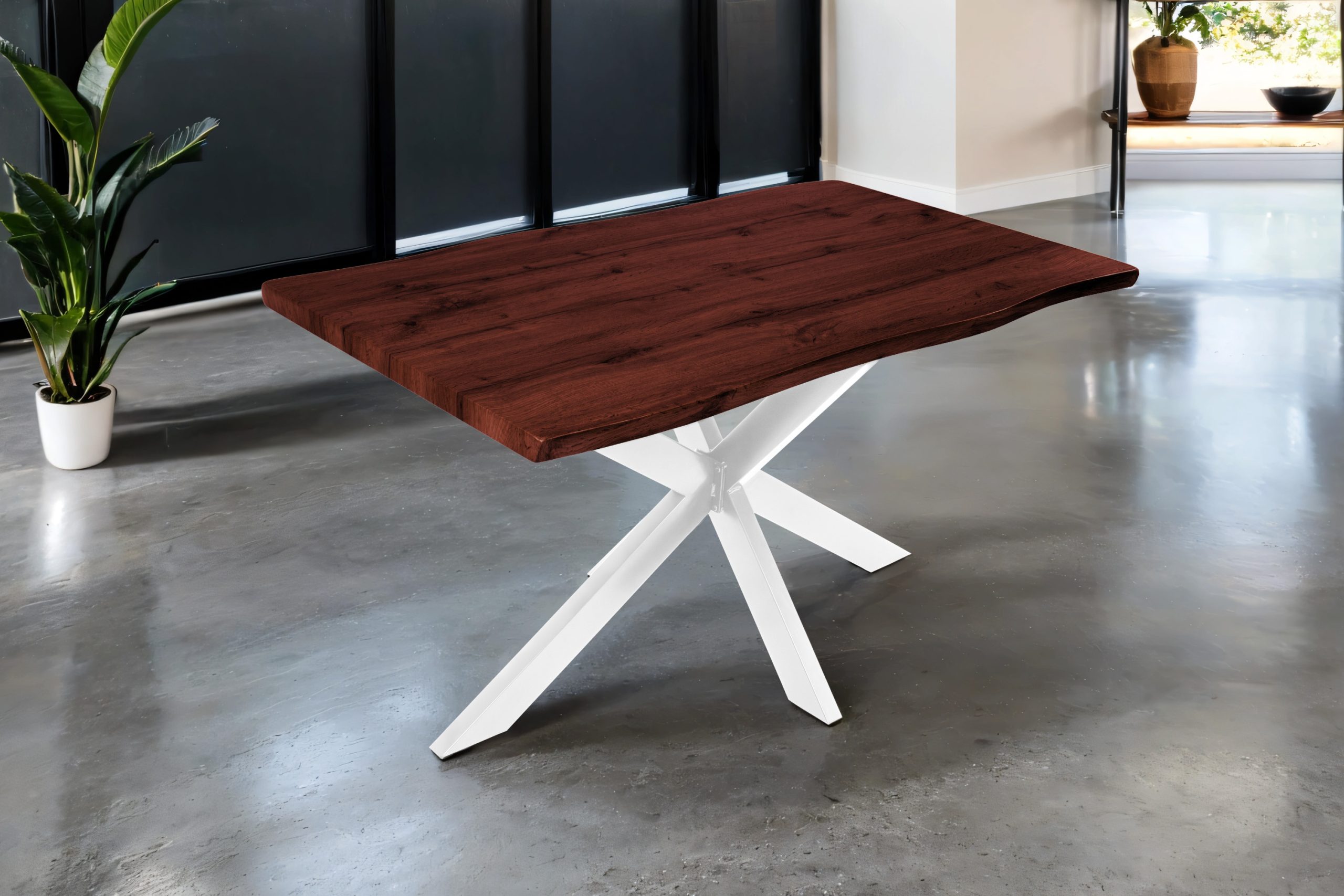 Esstisch 140x80 cm Baumkante Holz Nussbaum-Optik Spider-Gestell Metall weiß JOSY