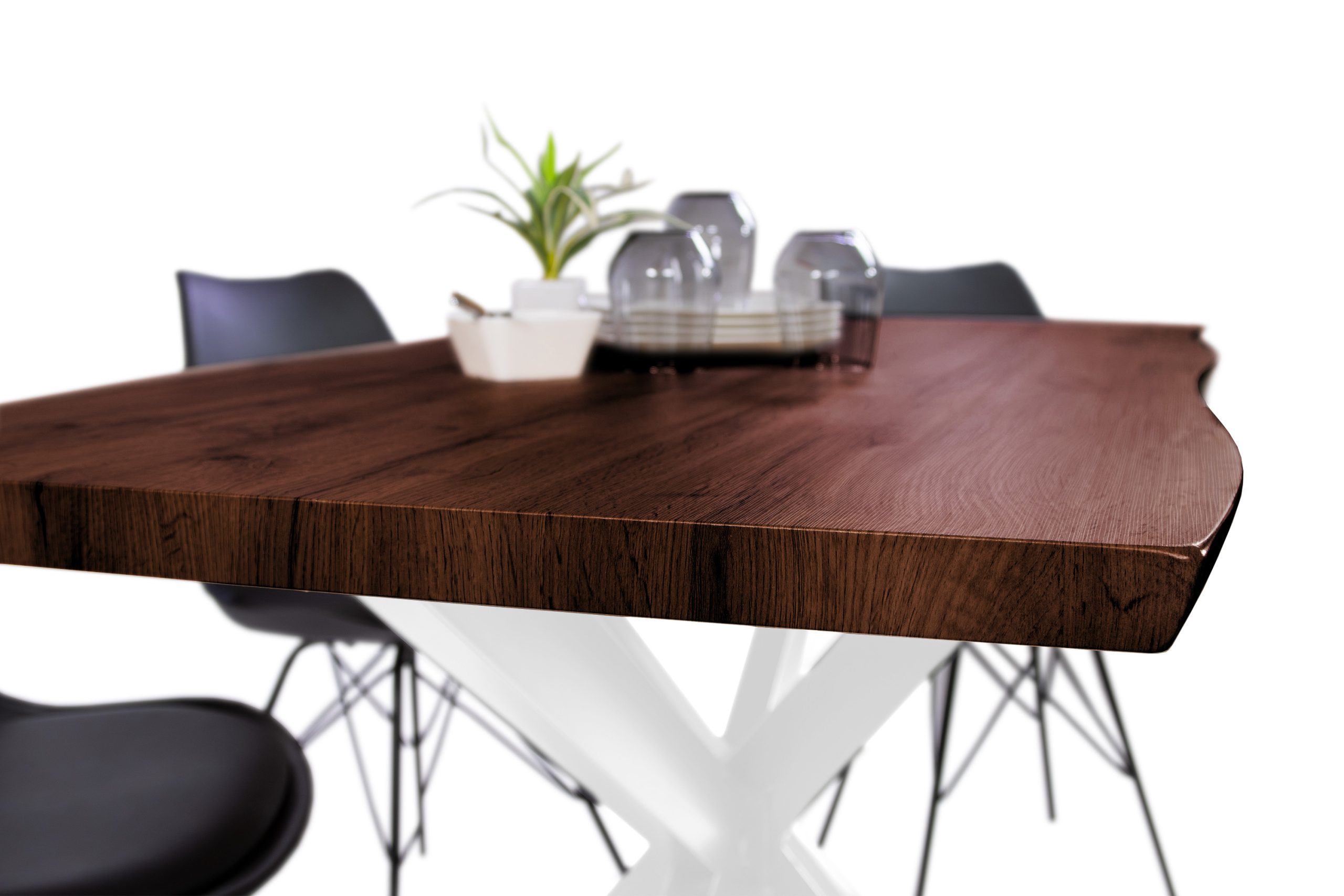 Esstisch 140x80 cm Baumkante Holz Nussbaum-Optik Spider-Gestell Metall weiß JOSY – Bild 4