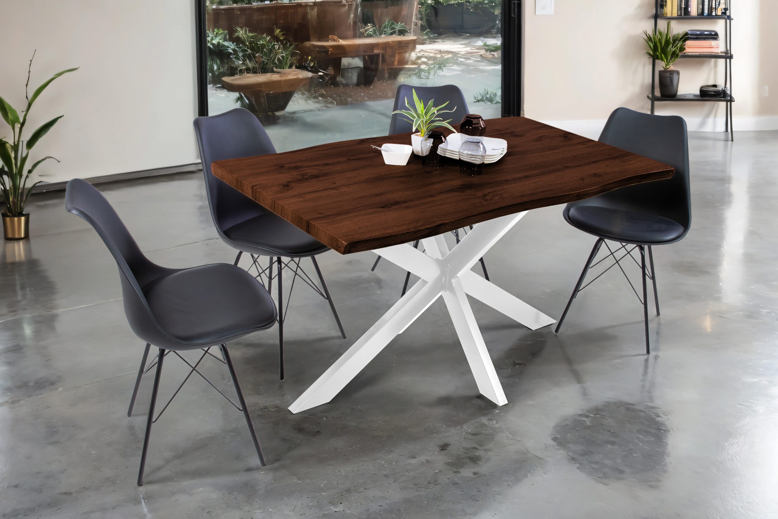 Esstisch 140x80 cm Baumkante Holz Nussbaum-Optik Spider-Gestell Metall weiß JOSY – Bild 5