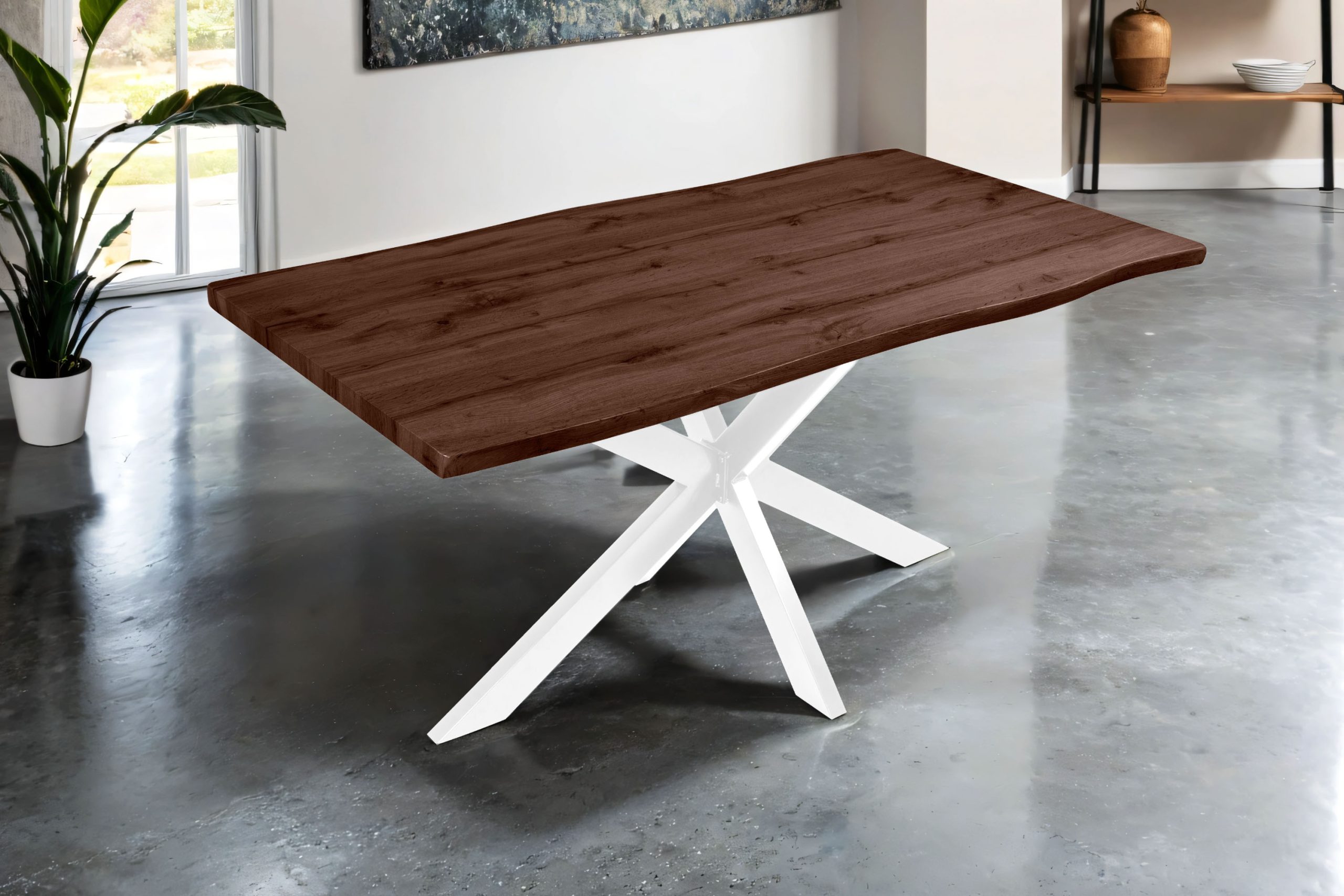 Esstisch 160x85 cm Baumkante Holz Nussbaum-Optik Spider-Gestell Metall weiß JOSY