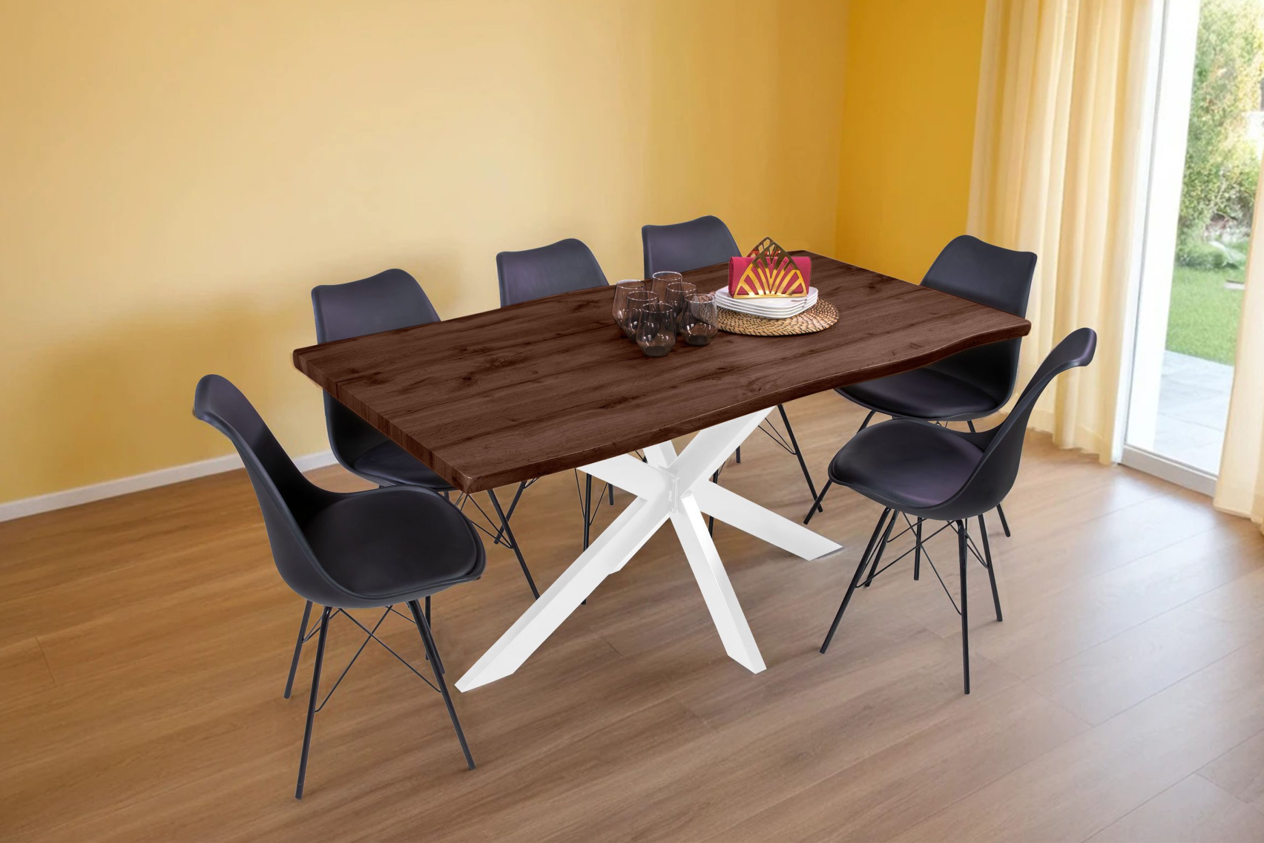 Esstisch 160x85 cm Baumkante Holz Nussbaum-Optik Spider-Gestell Metall weiß JOSY – Bild 5