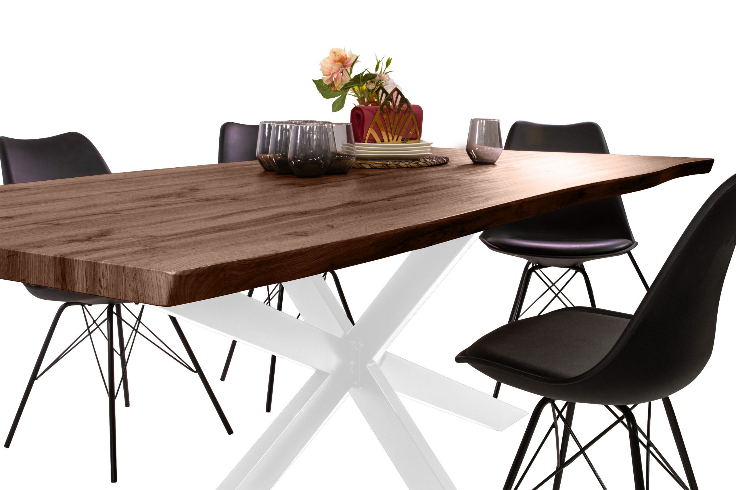 Esstisch 200x100 cm Baumkante Holz Nussbaum-Optik Spider-Gestell Metall weiß JOSY – Bild 4