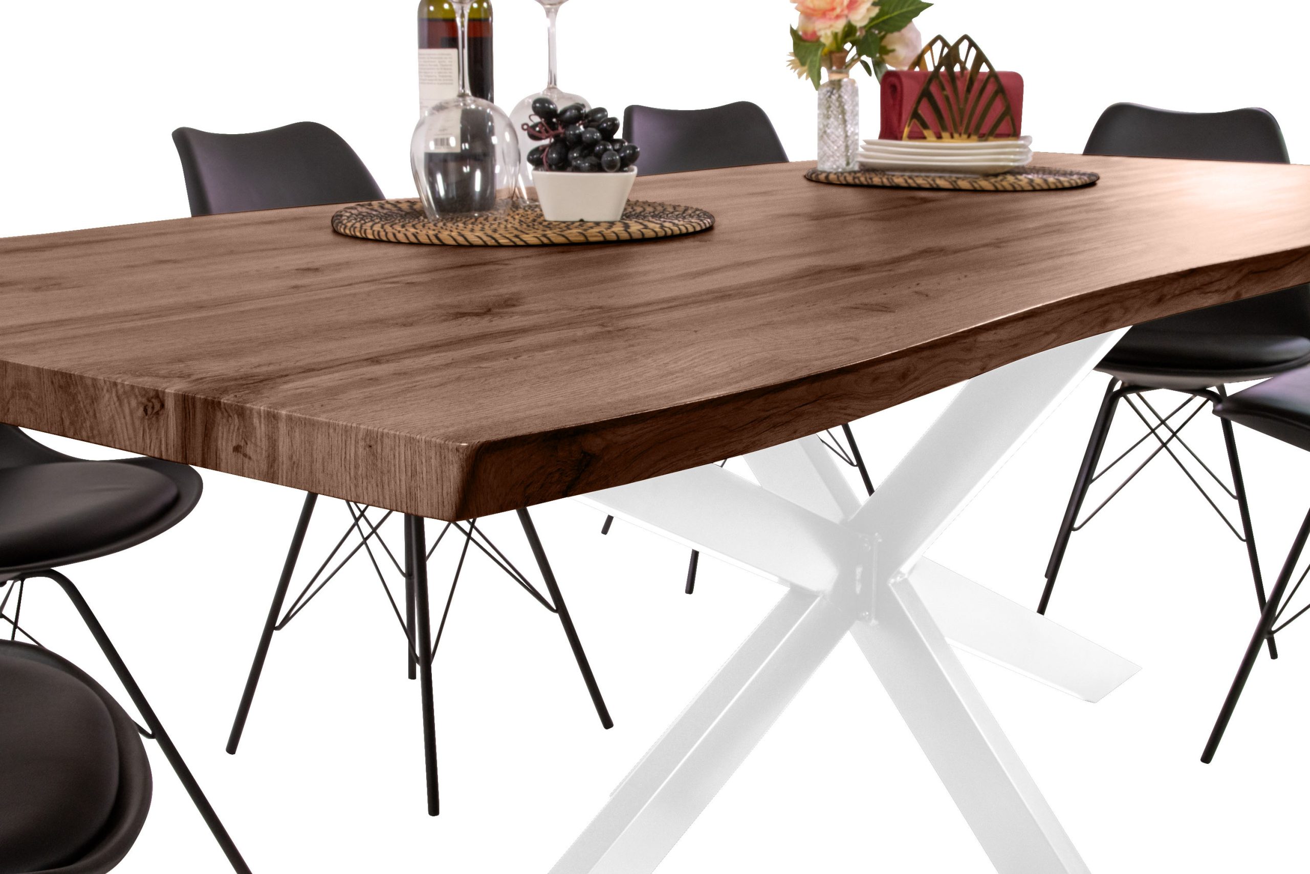 Esstisch 220x100 cm Baumkante Holz Nussbaum-Optik Spider-Gestell Metall weiß JOSY – Bild 4