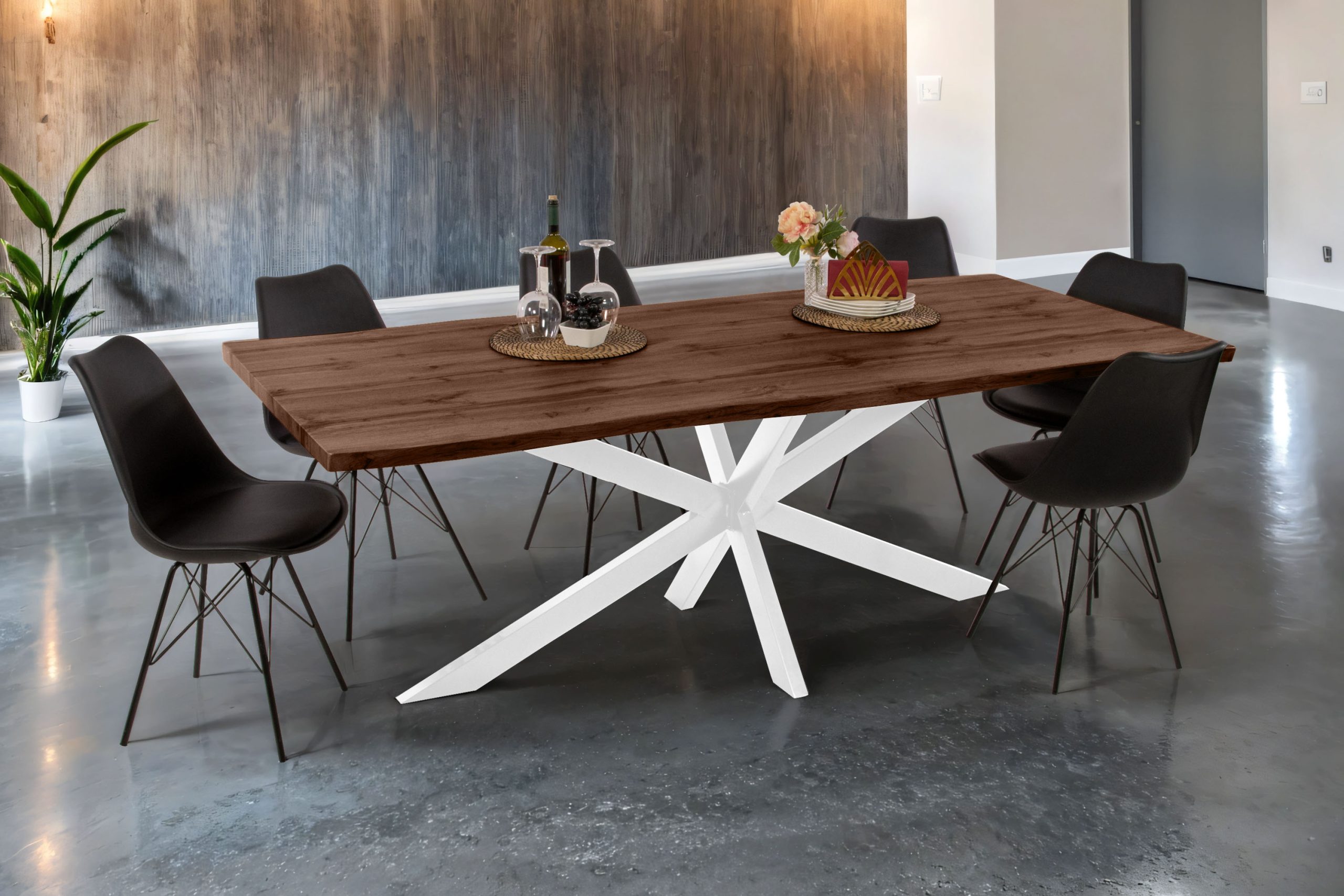 Esstisch 220x100 cm Baumkante Holz Nussbaum-Optik Spider-Gestell Metall weiß JOSY – Bild 5