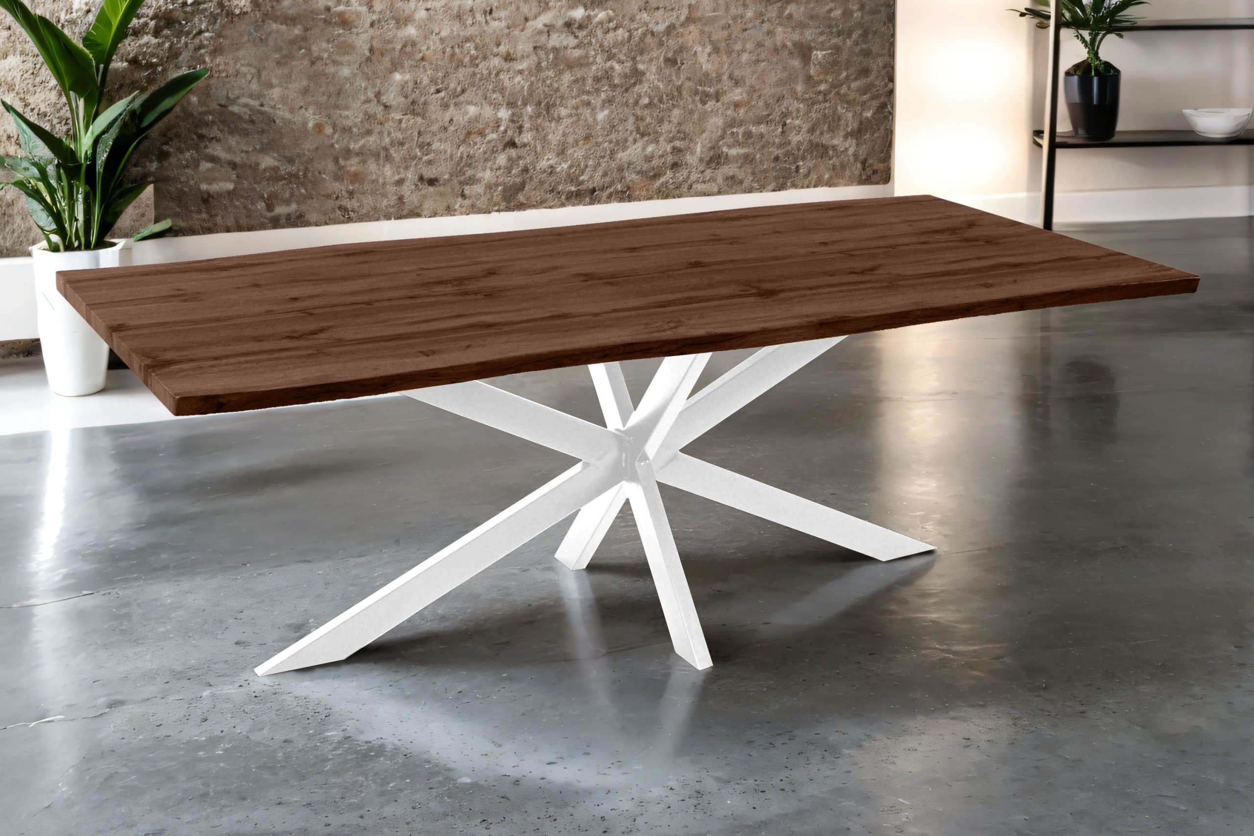 Esstisch 240x100 cm Baumkante Holz Nussbaum-Optik Spider-Gestell Metall weiß JOSY