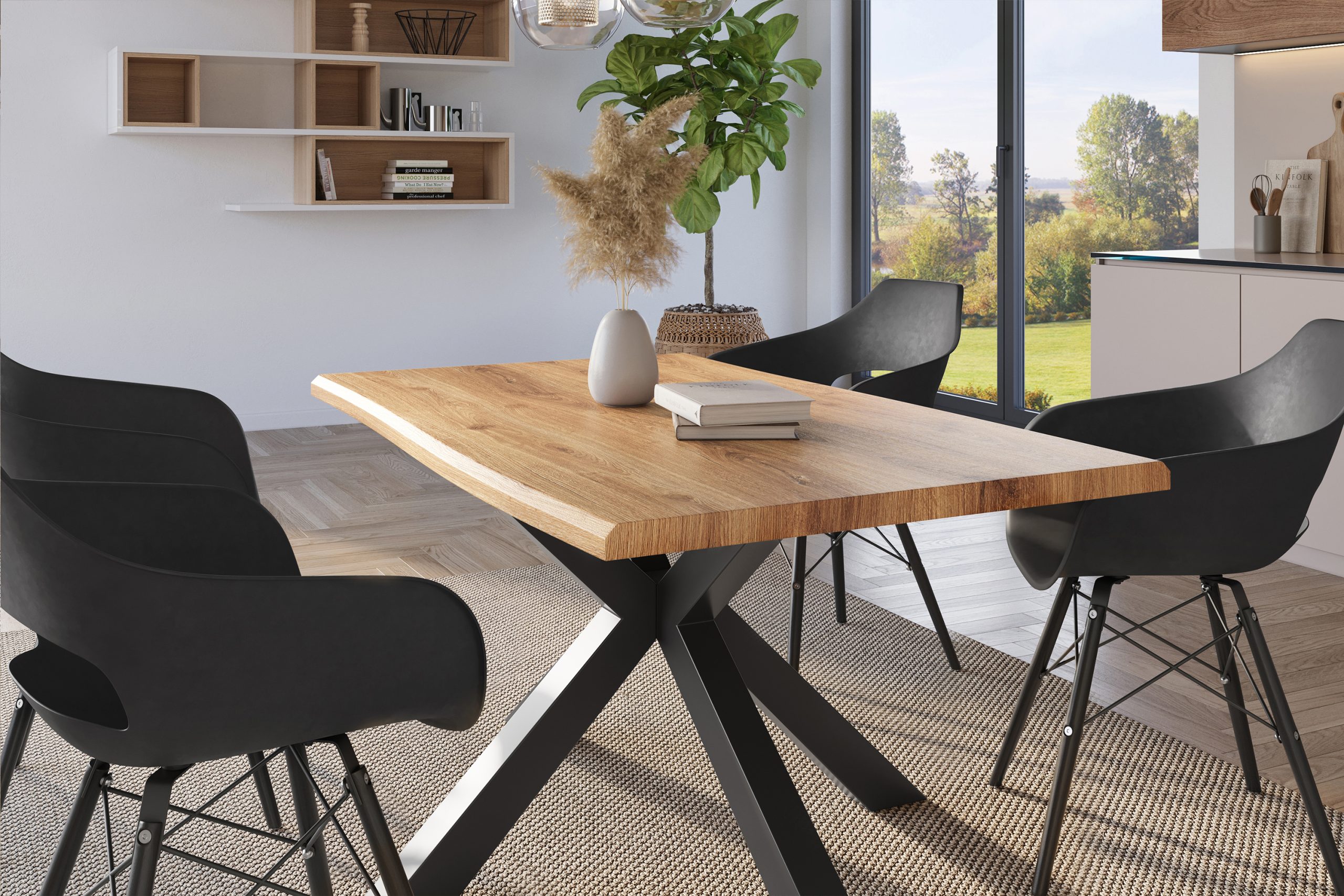 Esstisch 140x80 cm Baumkante Holz Wildeiche-Optik Spider-Gestell Metall schwarz JULIUS – Bild 4