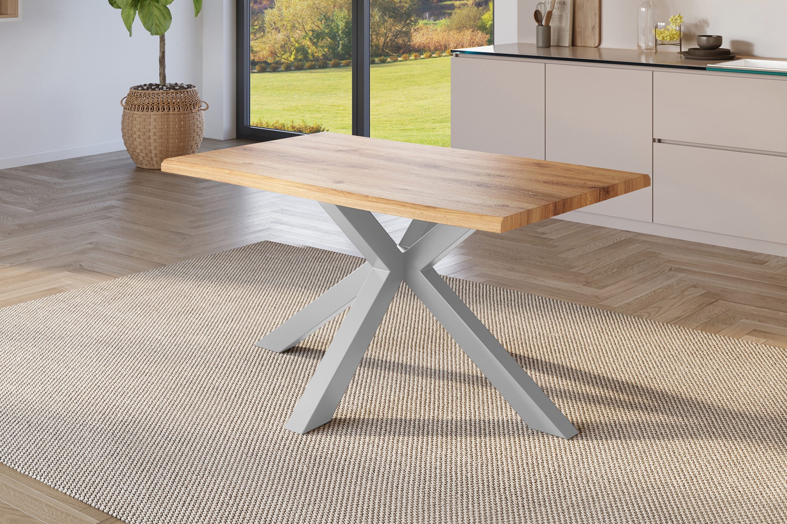 Esstisch 140x80 cm Baumkante Holz Wildeiche-Optik Spider-Gestell Metall silber JULIUS