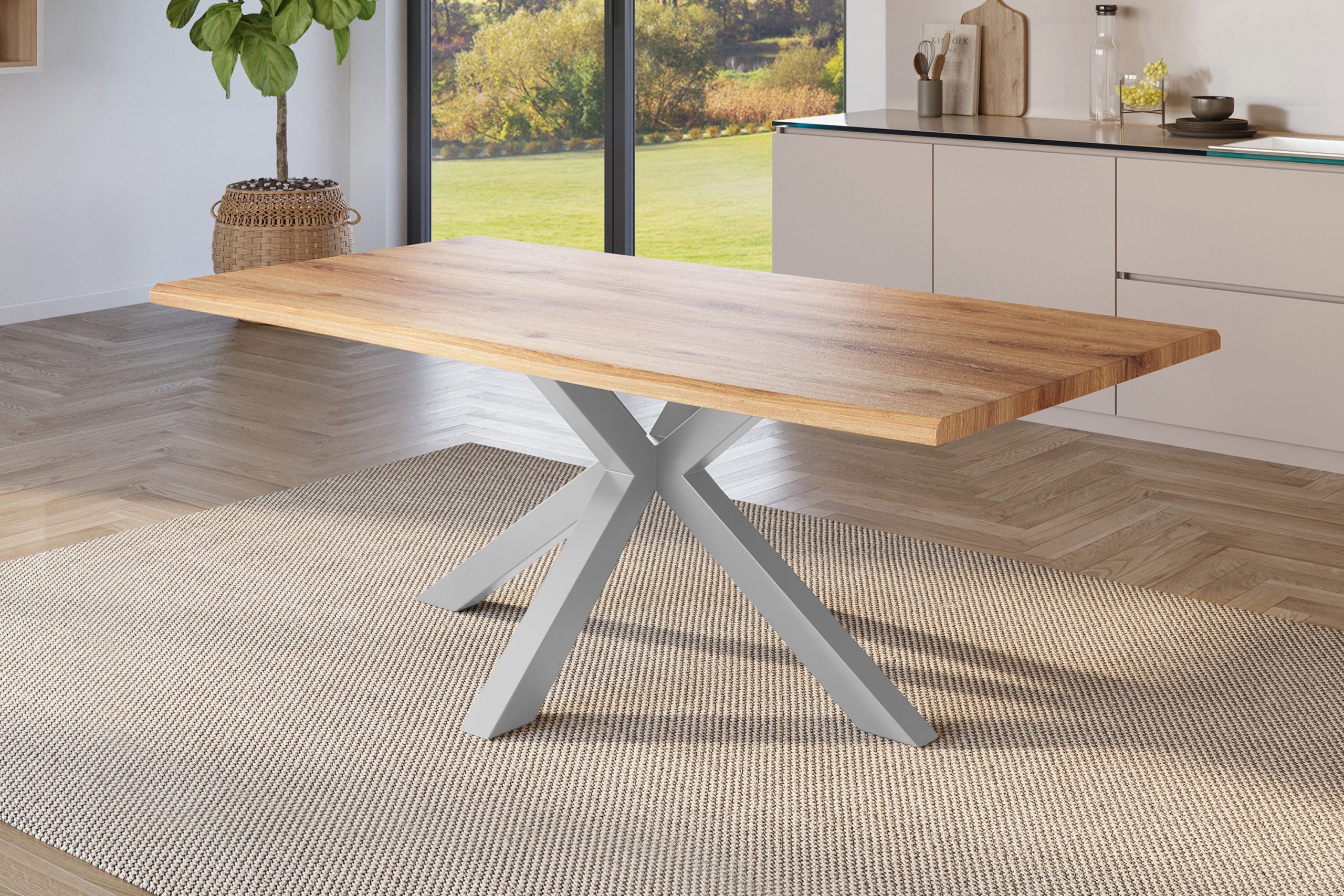 Esstisch 200x100 cm Baumkante Holz Wildeiche-Optik Spider-Gestell Metall silber JULIUS