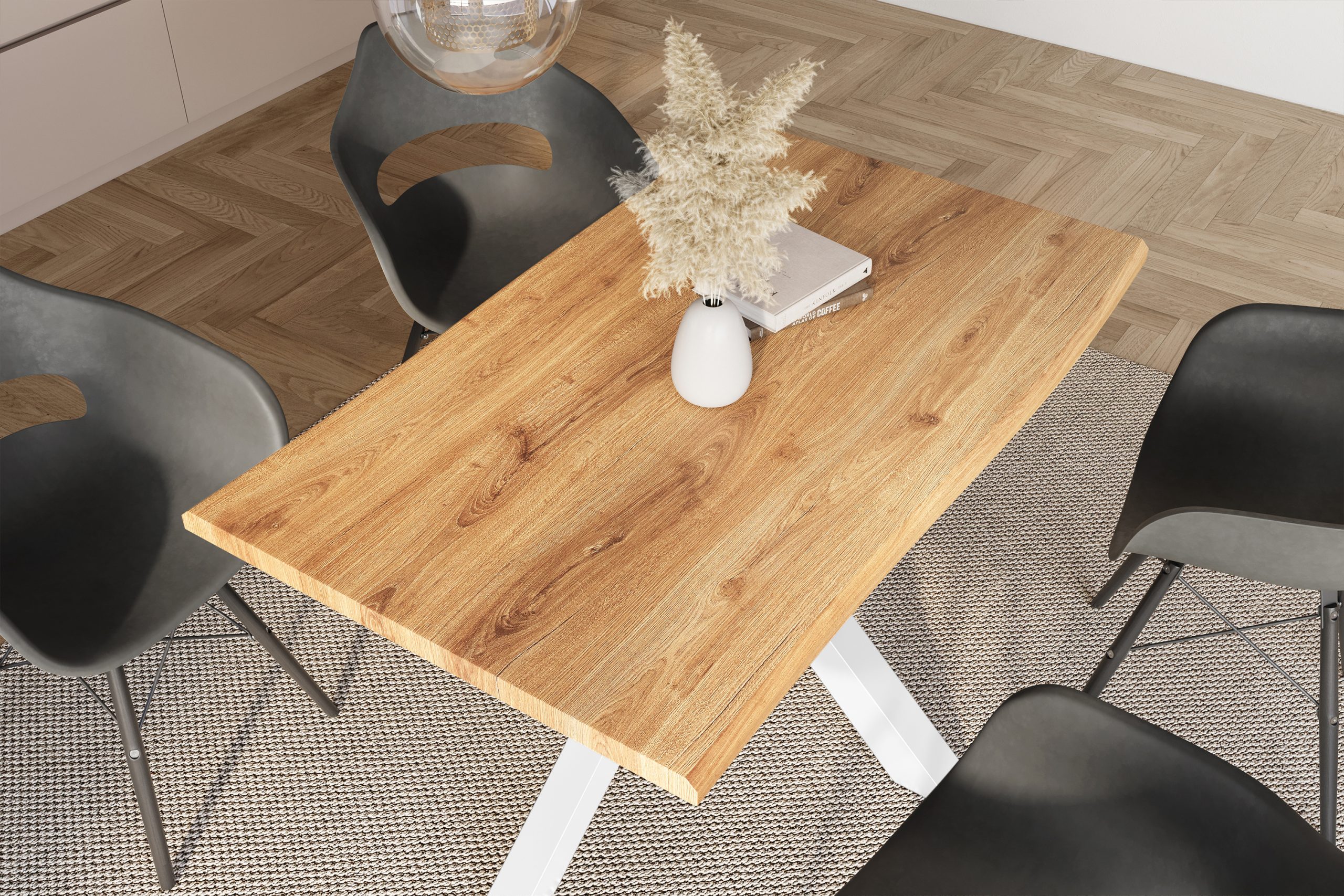 Esstisch 140x80 cm Baumkante Holz Wildeiche-Optik Spider-Gestell Metall weiß JULIUS – Bild 5