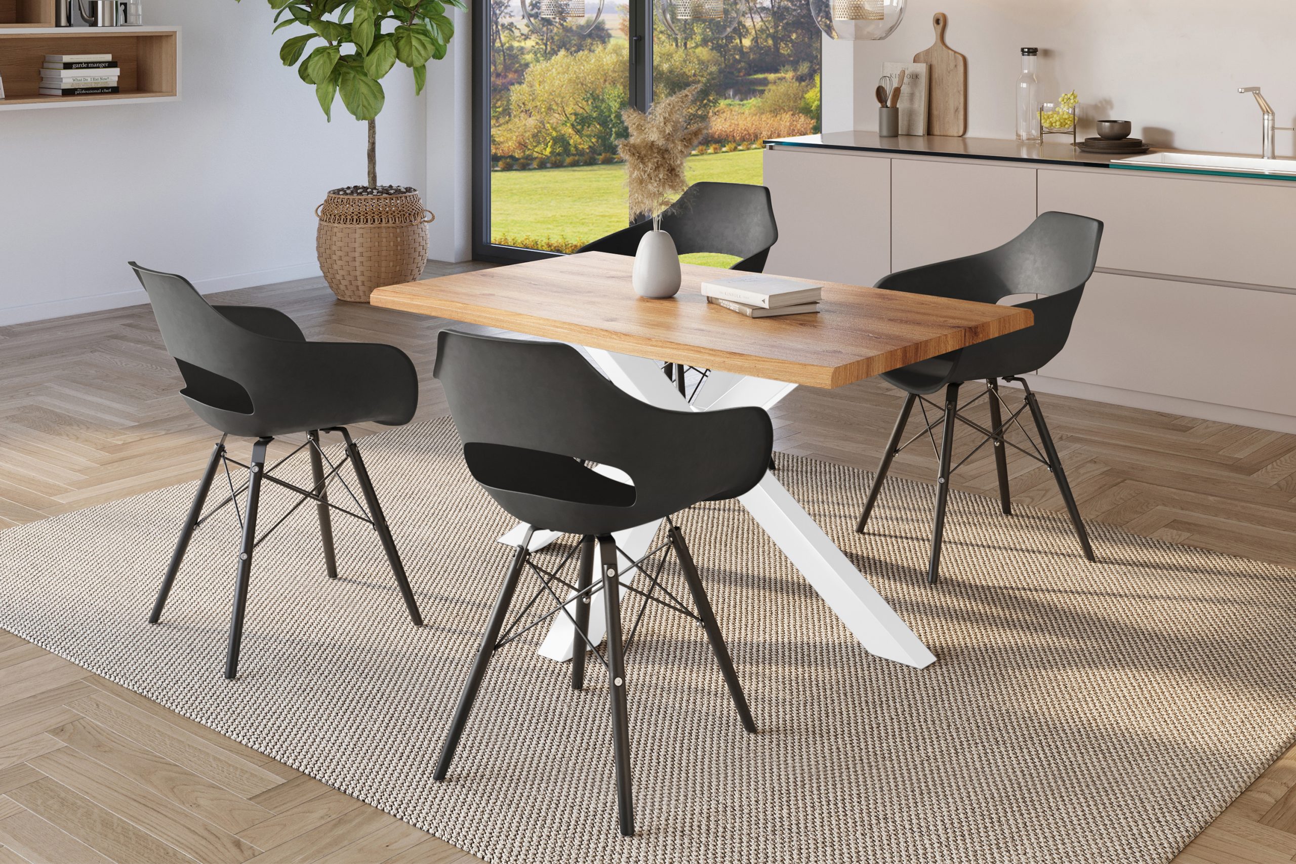 Esstisch 140x80 cm Baumkante Holz Wildeiche-Optik Spider-Gestell Metall weiß JULIUS – Bild 6