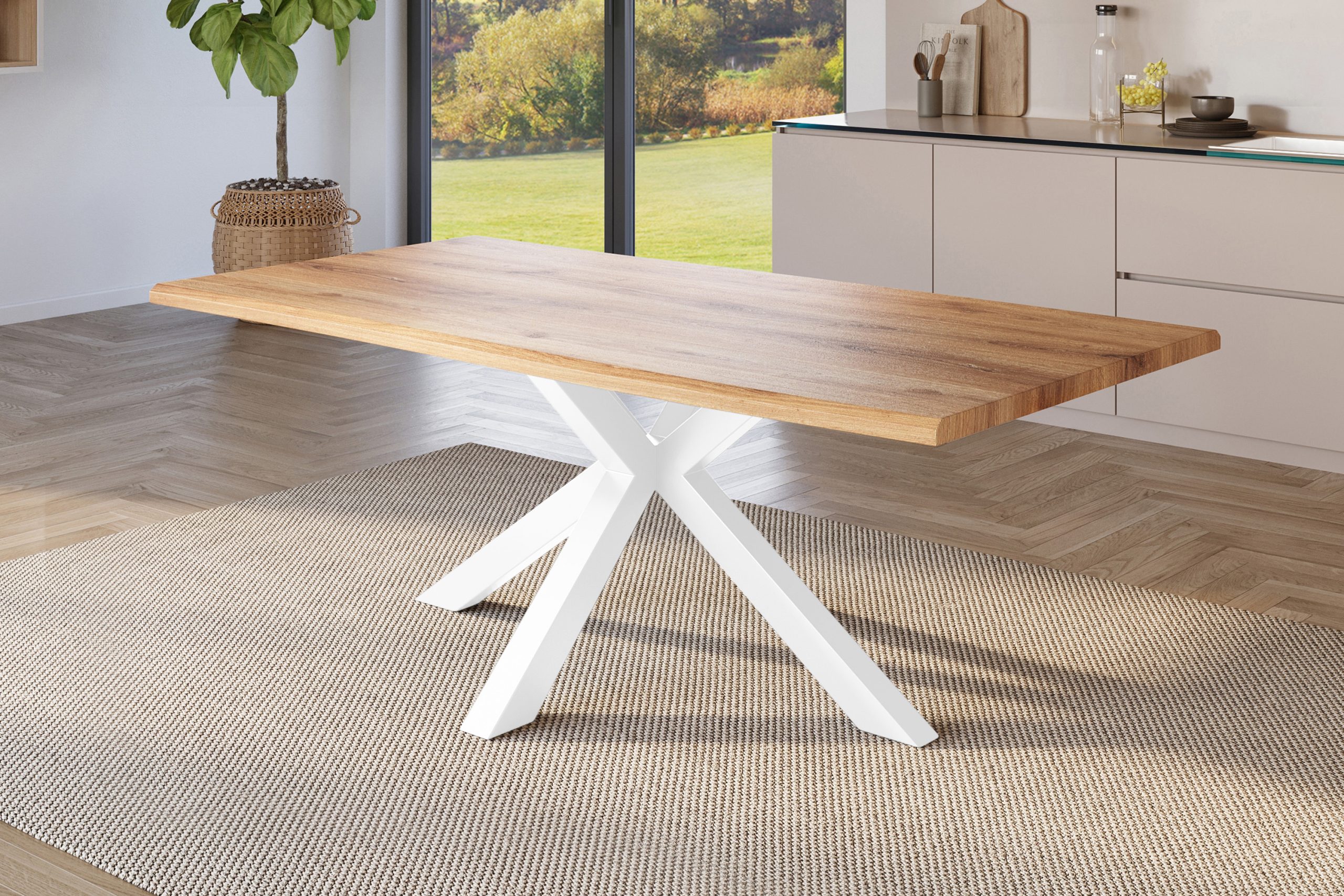 Esstisch 200x100 cm Baumkante Holz Wildeiche-Optik Spider-Gestell Metall weiß JULIUS