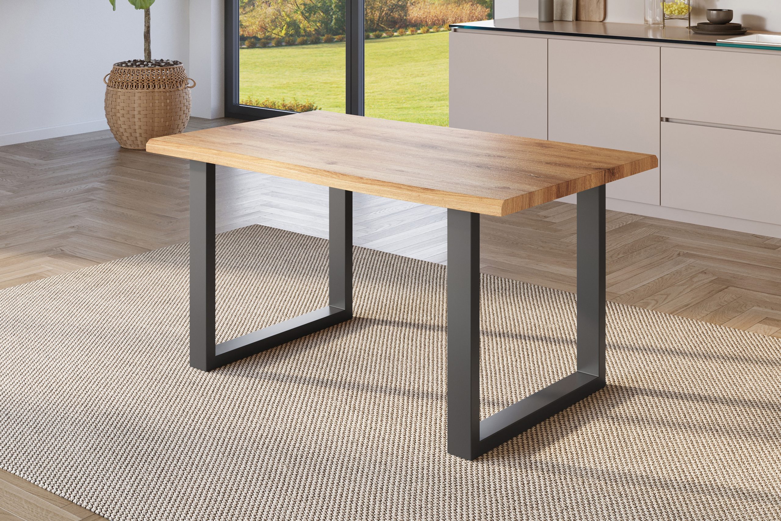 Esstisch 140x80 cm Baumkante Holz Wildeiche-Optik U-Gestell Metall schwarz JULIUS