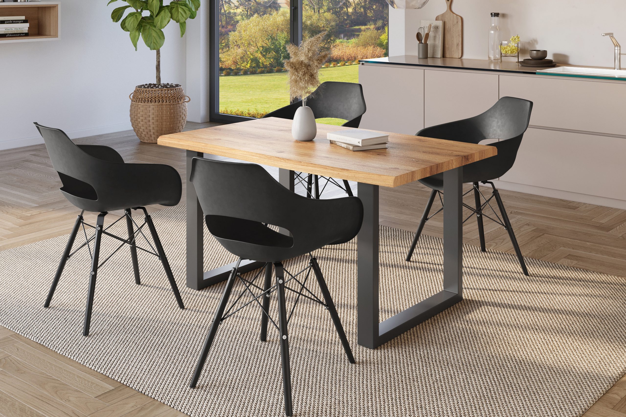 Esstisch 140x80 cm Baumkante Holz Wildeiche-Optik U-Gestell Metall schwarz JULIUS – Bild 4