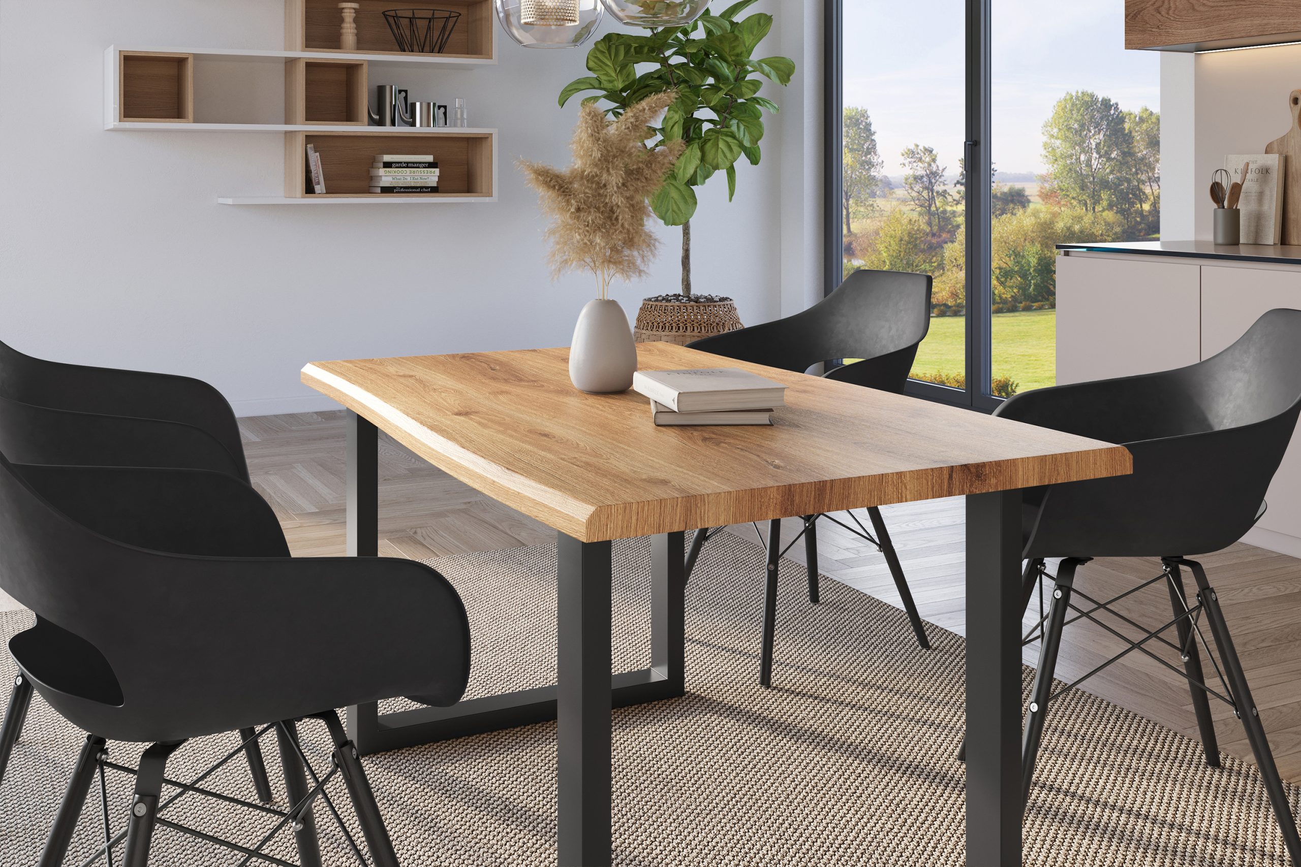 Esstisch 160x85 cm Baumkante Holz Wildeiche-Optik U-Gestell Metall schwarz JULIUS – Bild 5