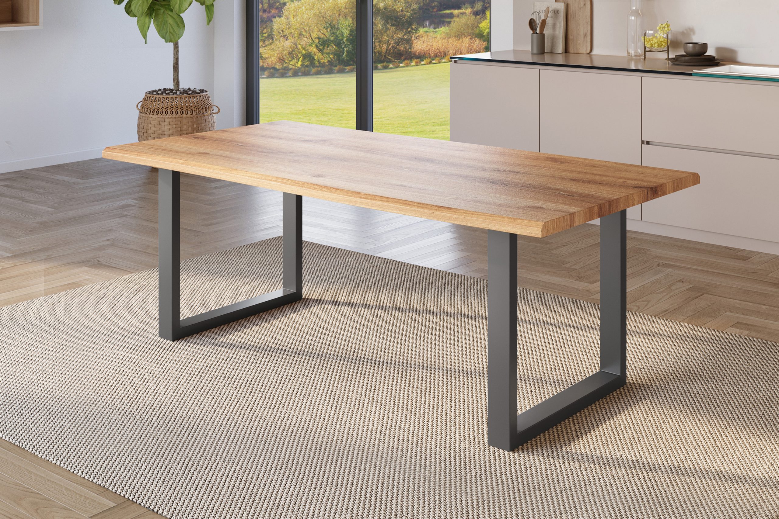 Esstisch 180x90 cm Baumkante Holz Wildeiche-Optik U-Gestell Metall schwarz JULIUS