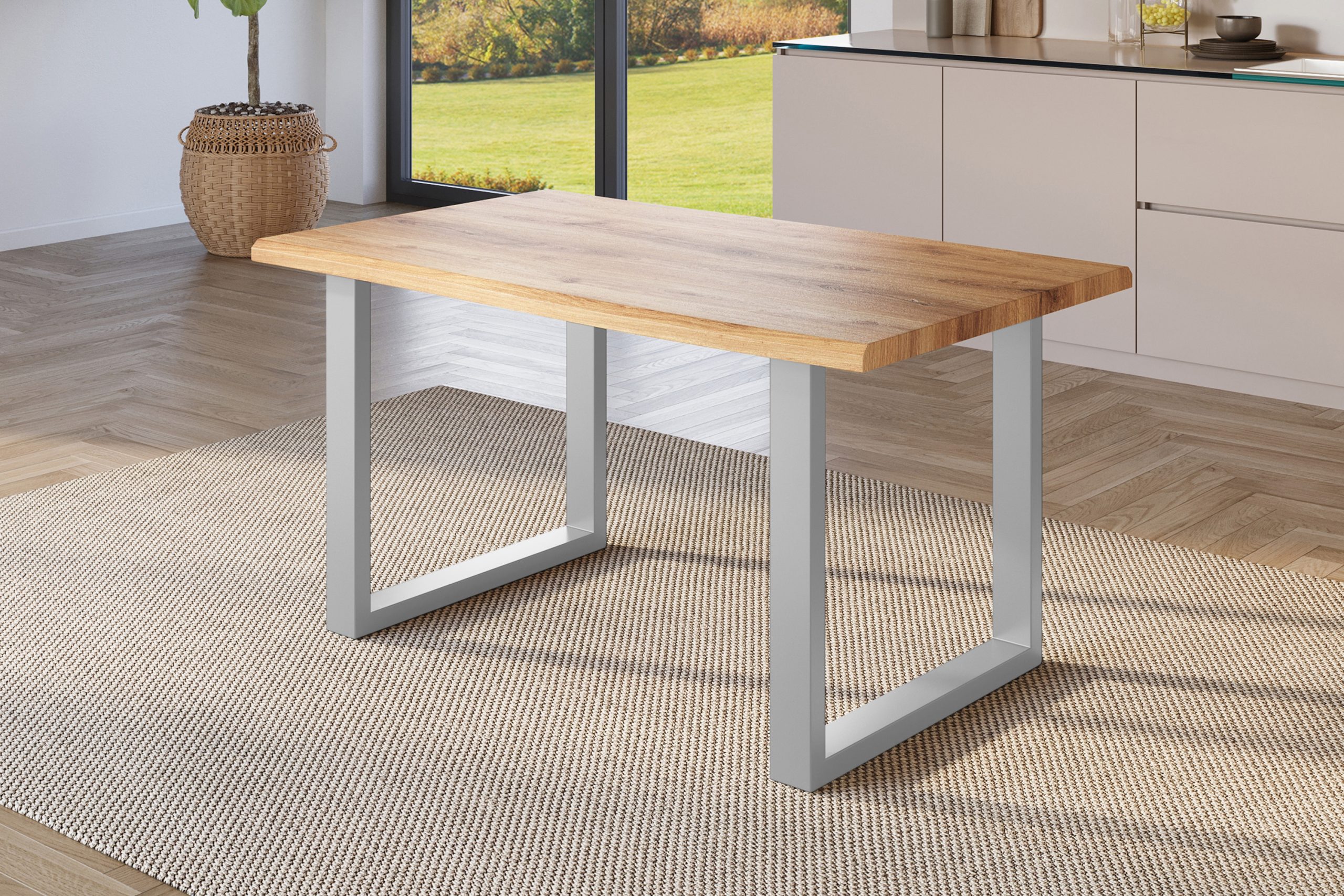 Esstisch 160x85 cm Baumkante Holz Wildeiche-Optik U-Gestell Metall silber JULIUS