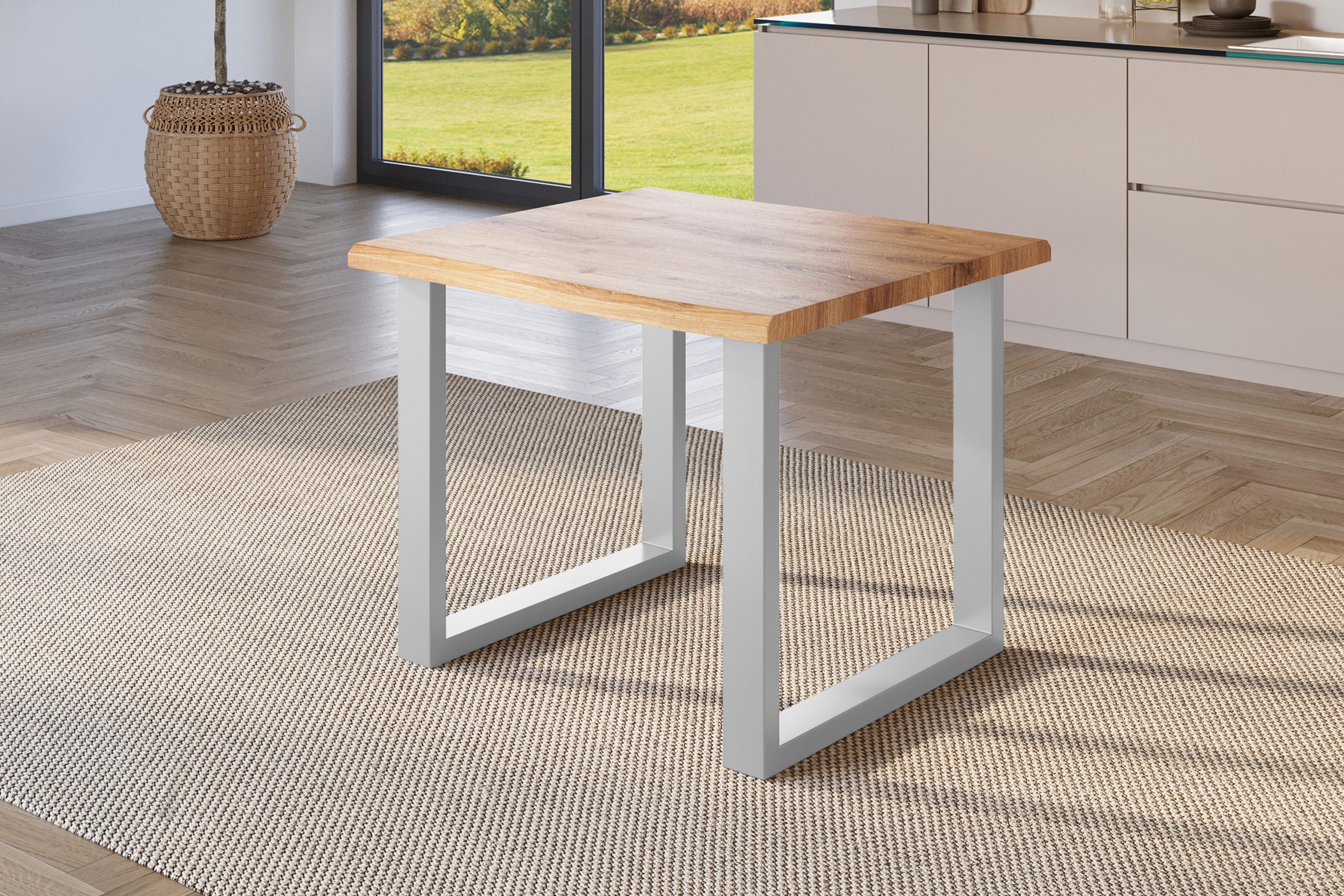 Esstisch 80x80 cm Baumkante Holz Wildeiche-Optik U-Gestell Metall silber JULIUS