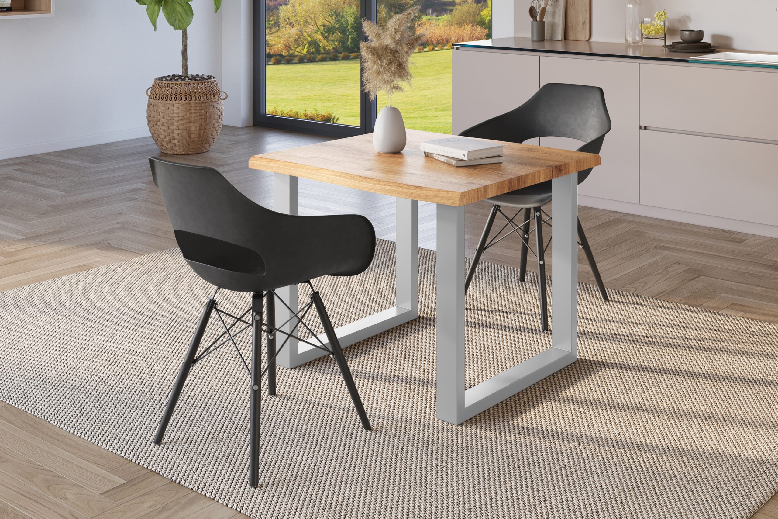 Esstisch 80x80 cm Baumkante Holz Wildeiche-Optik U-Gestell Metall silber JULIUS – Bild 4