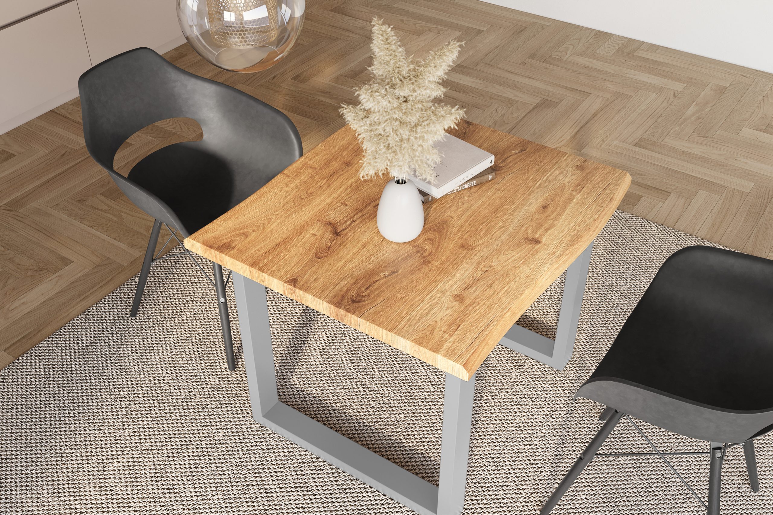 Esstisch 80x80 cm Baumkante Holz Wildeiche-Optik U-Gestell Metall silber JULIUS – Bild 6