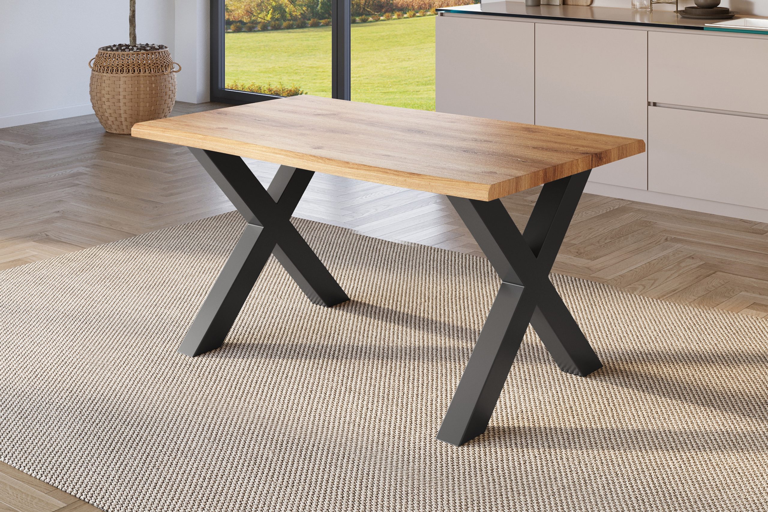 Esstisch 160x85 cm Baumkante Holz Wildeiche-Optik X-Gestell Metall schwarz JULIUS