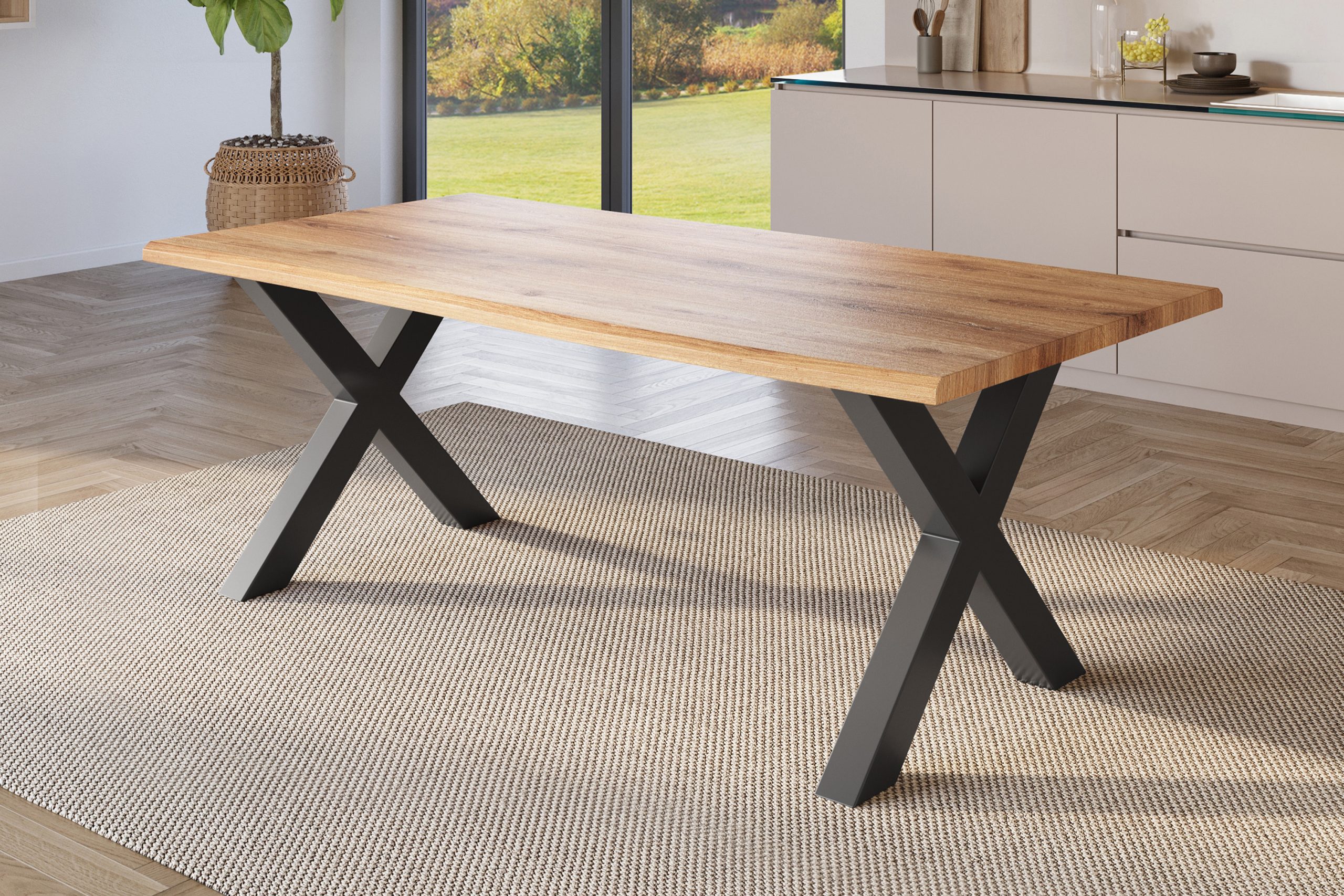 Esstisch 200x100 cm Baumkante Holz Wildeiche-Optik X-Gestell Metall schwarz JULIUS