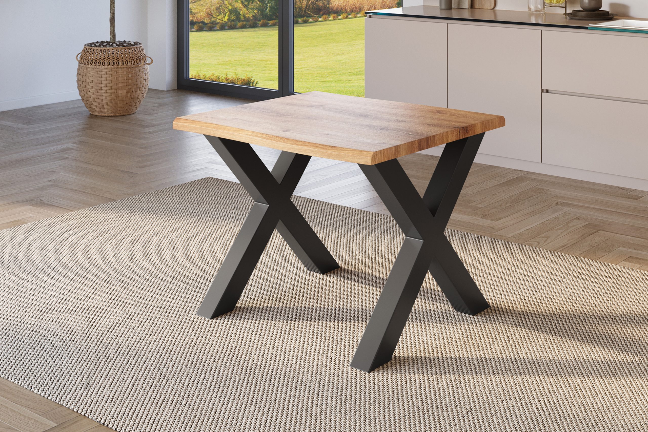 Esstisch 80x80 cm Baumkante Holz Wildeiche-Optik X-Gestell Metall schwarz JULIUS