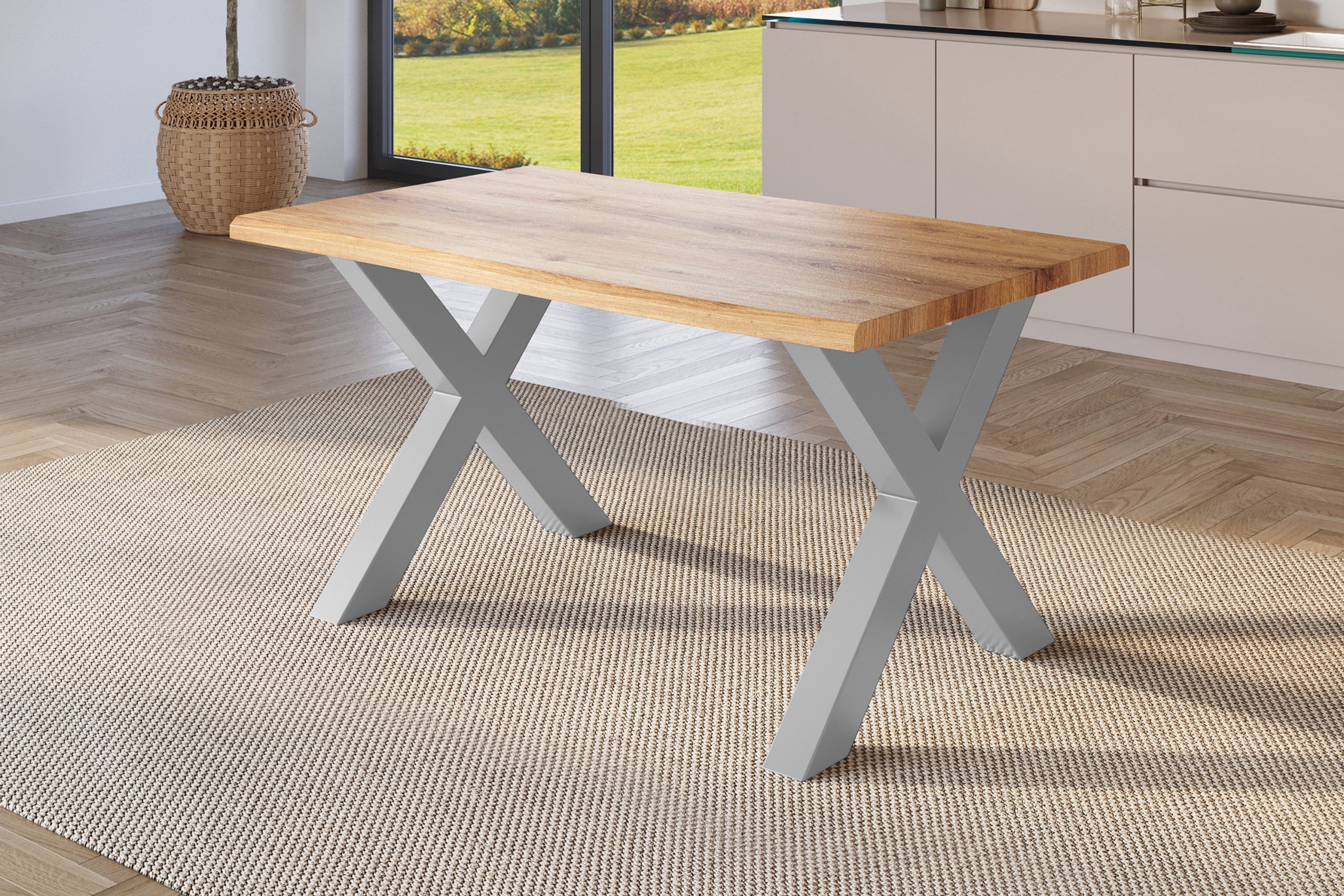 Esstisch 140x80 cm Baumkante Holz Wildeiche-Optik X-Gestell Metall silber JULIUS