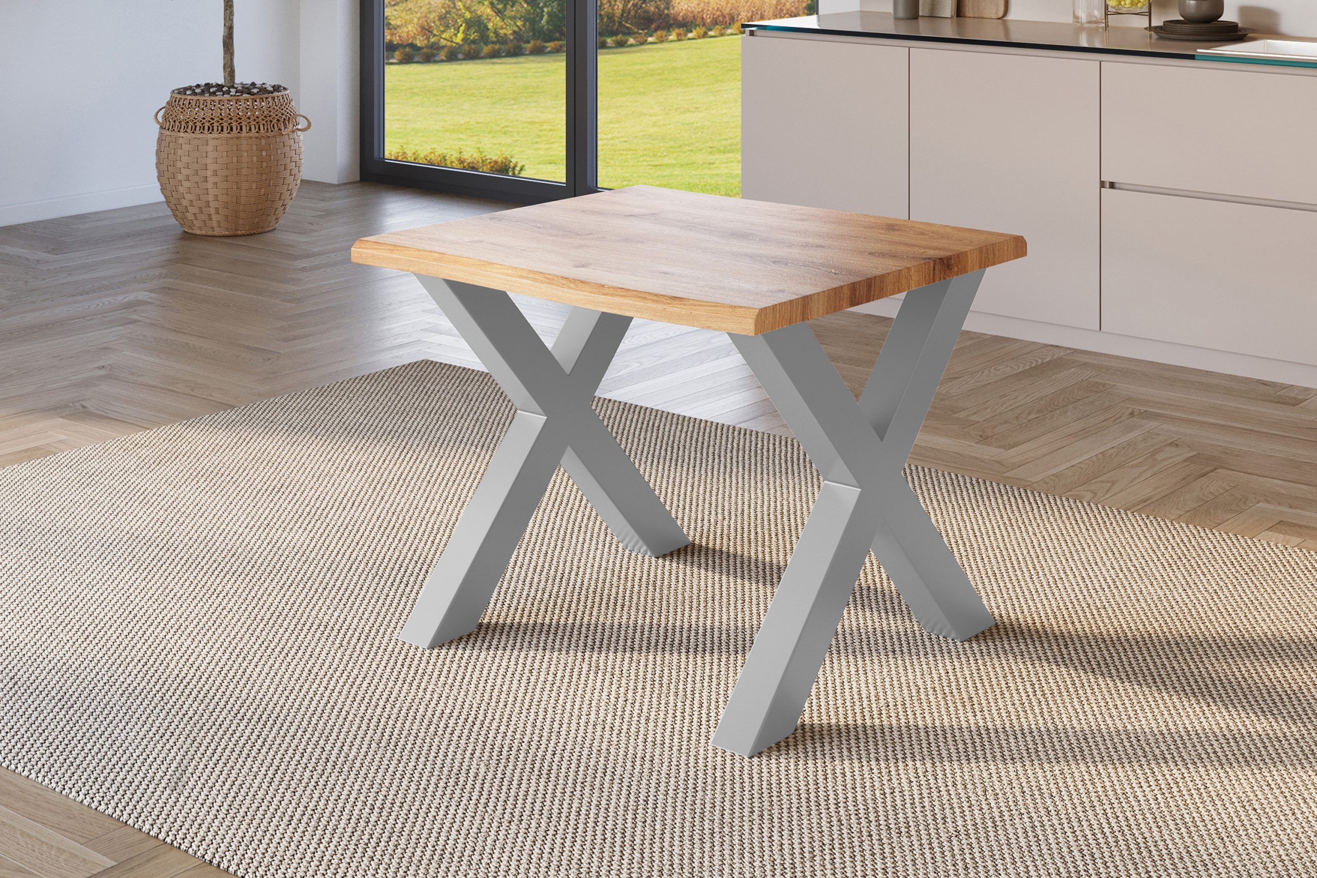 Esstisch 80x80 cm Baumkante Holz Wildeiche-Optik X-Gestell Metall silber JULIUS