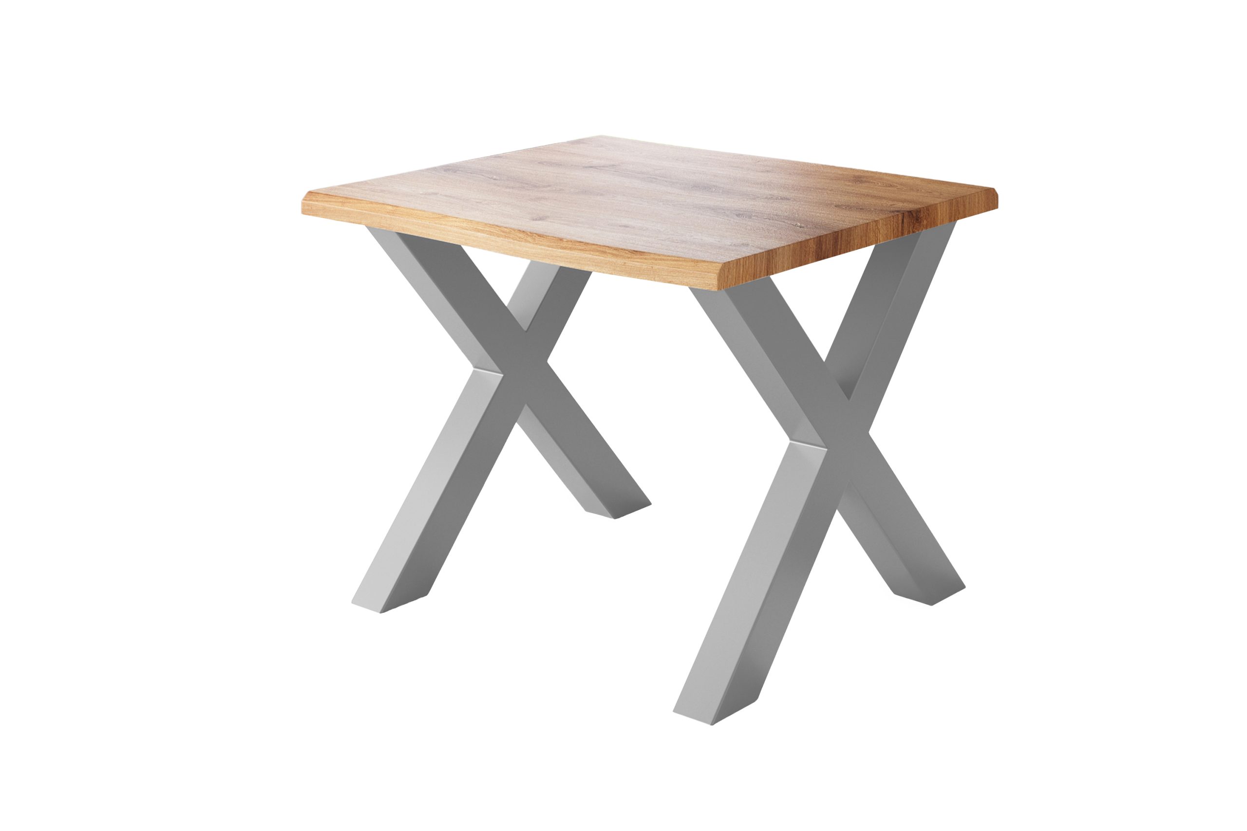 Esstisch 80x80 cm Baumkante Holz Wildeiche-Optik X-Gestell Metall silber JULIUS – Bild 2