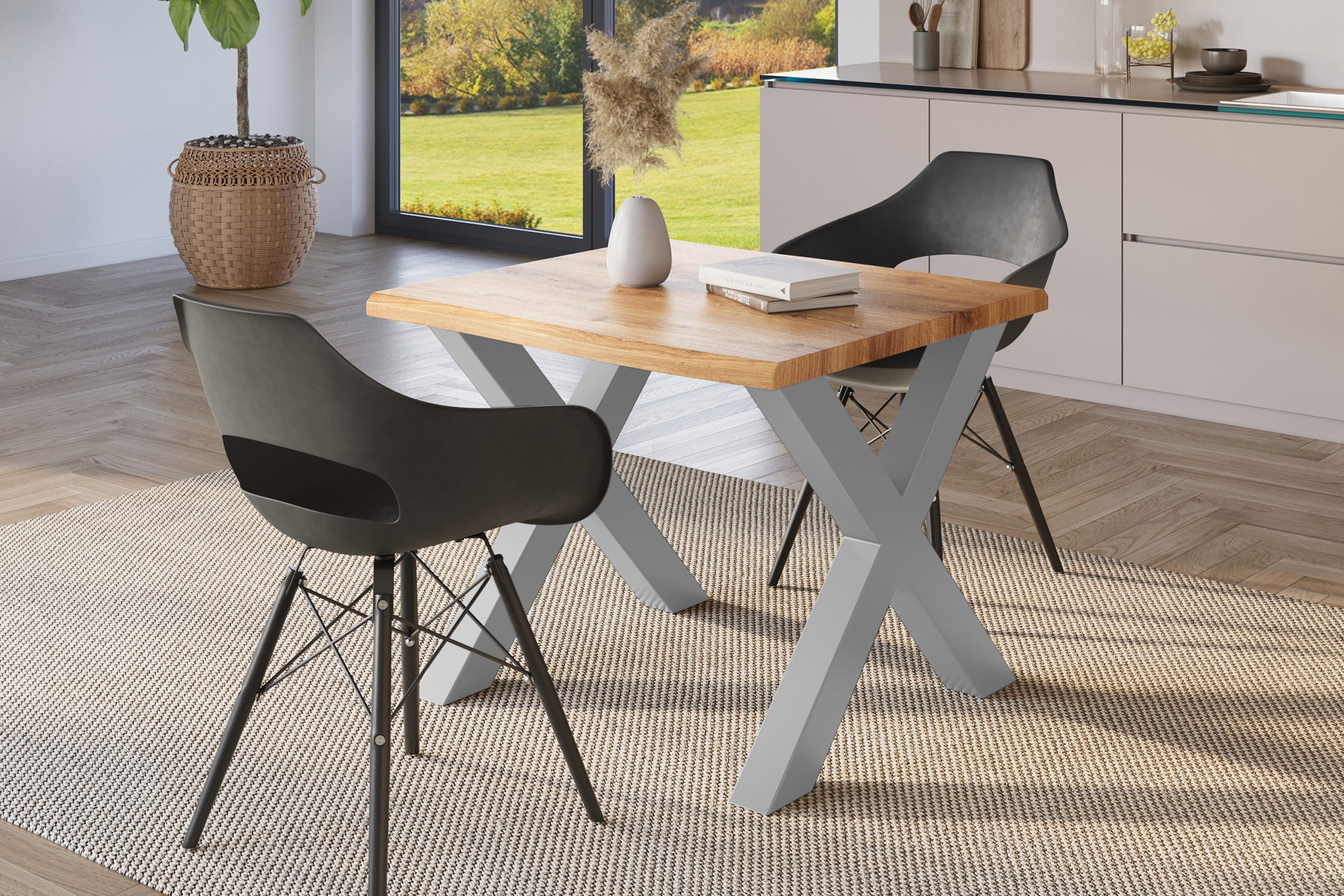 Esstisch 80x80 cm Baumkante Holz Wildeiche-Optik X-Gestell Metall silber JULIUS – Bild 4