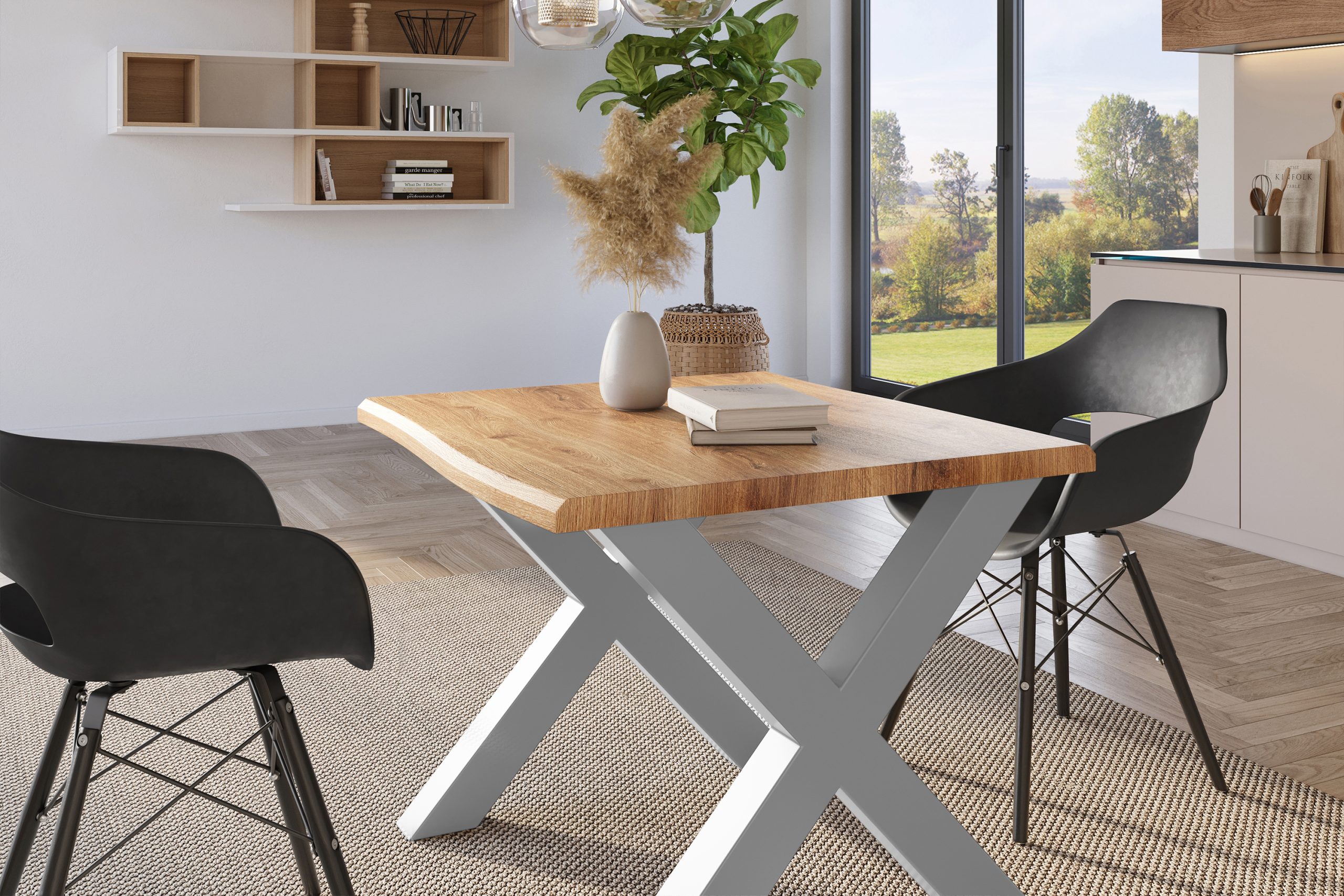 Esstisch 80x80 cm Baumkante Holz Wildeiche-Optik X-Gestell Metall silber JULIUS – Bild 5