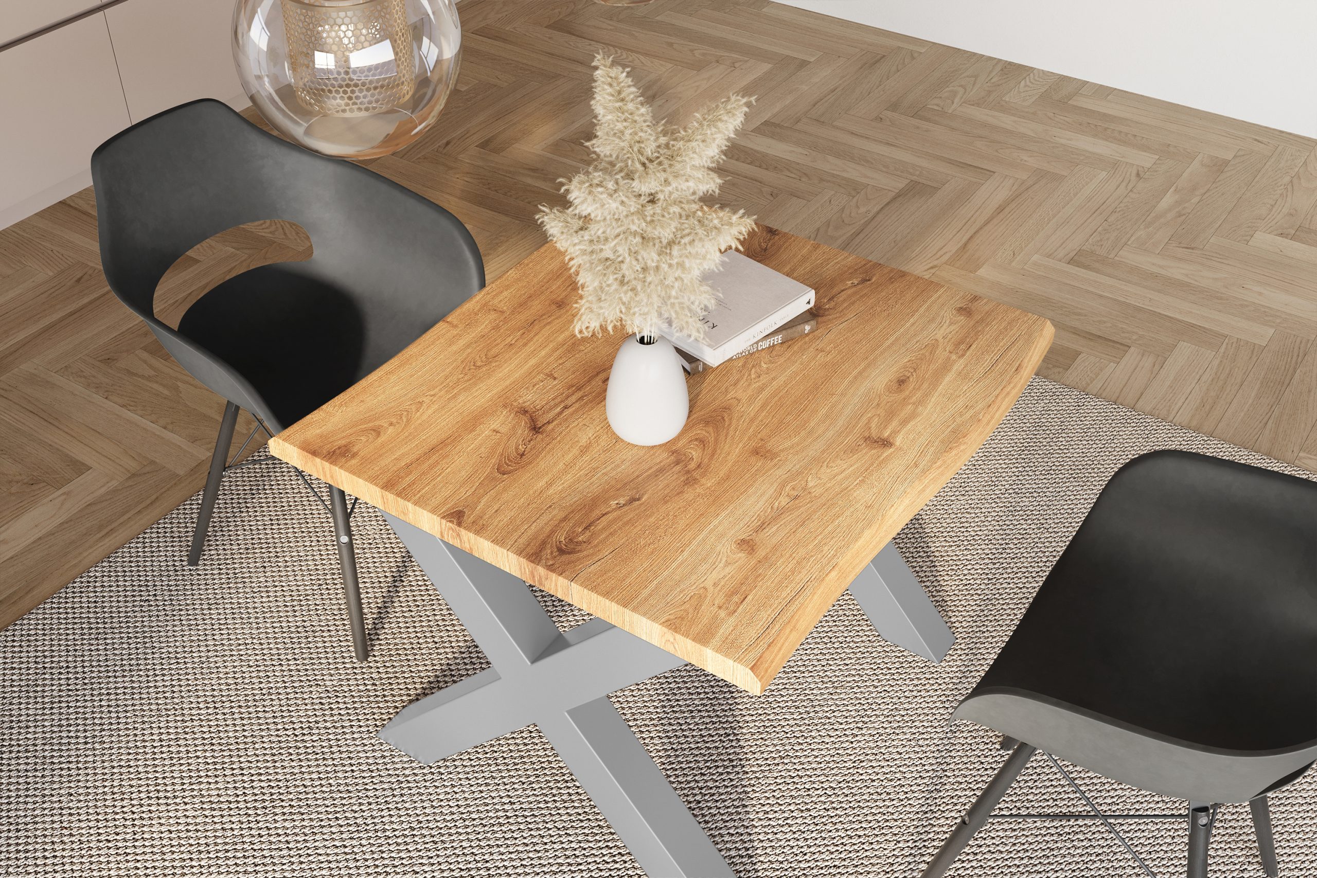 Esstisch 80x80 cm Baumkante Holz Wildeiche-Optik X-Gestell Metall silber JULIUS – Bild 6