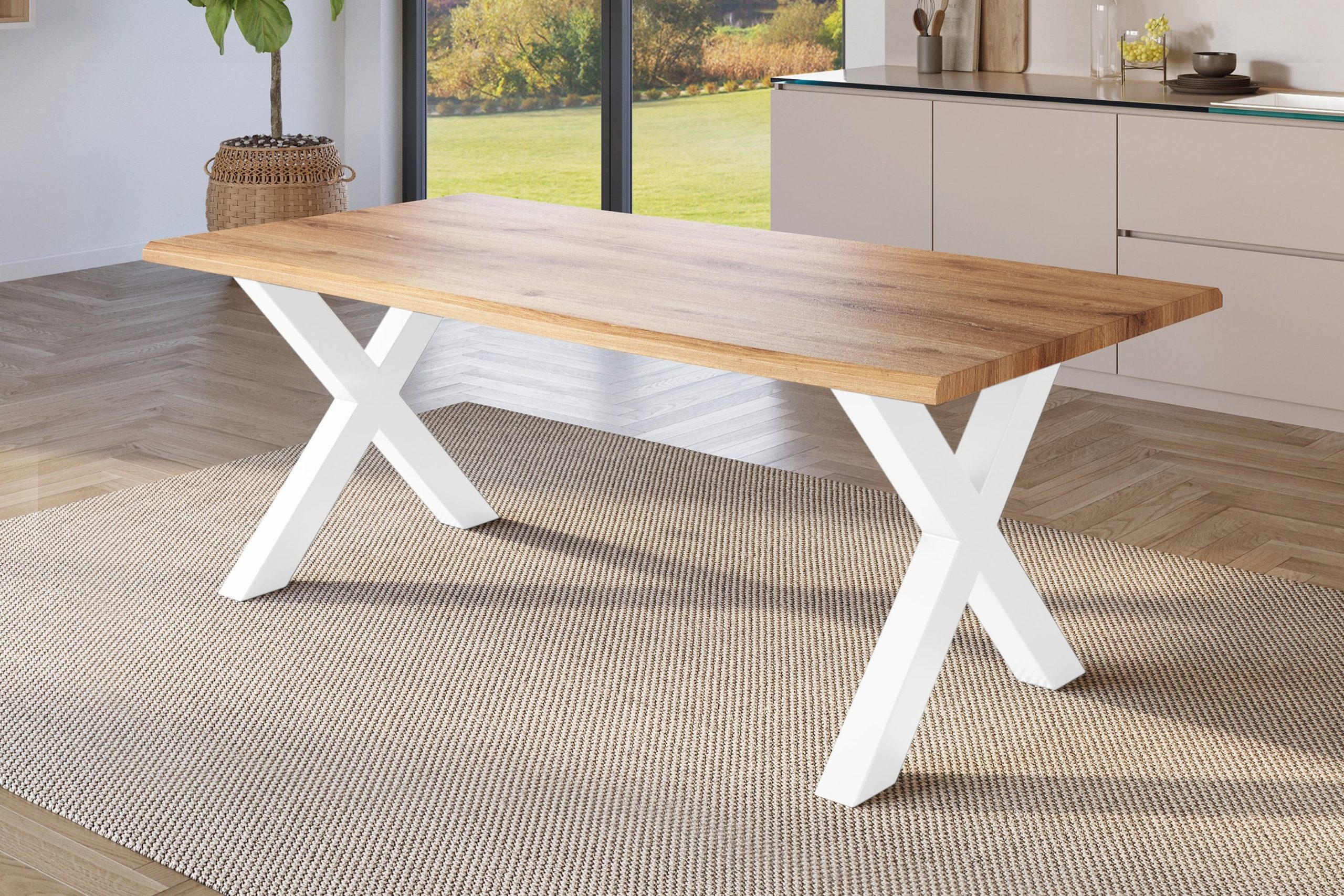 Esstisch 240x100 cm Baumkante Holz Wildeiche-Optik X-Gestell Metall weiß JULIUS