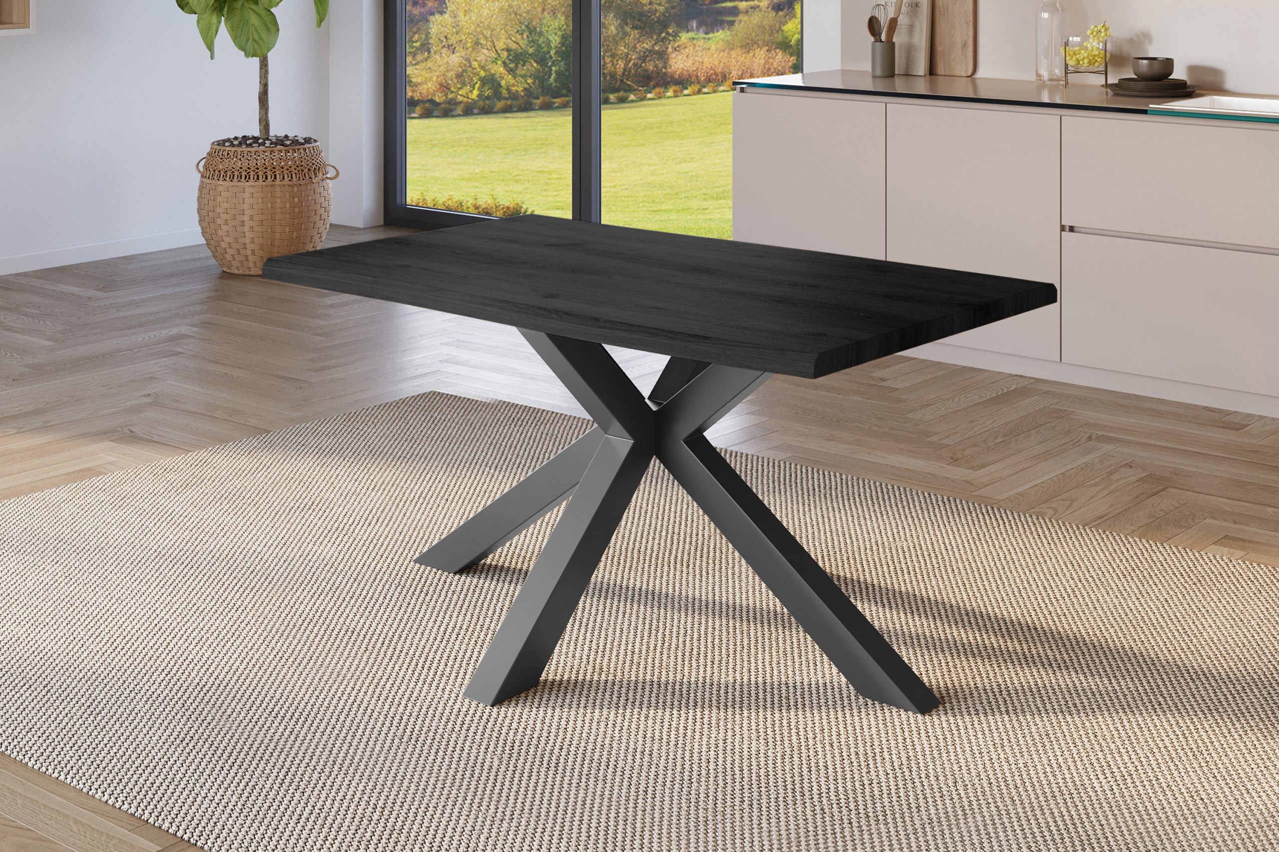 Esstisch 120x80 cm Baumkante Holz Grau-Optik Spider-Gestell Metall schwarz JULIUS