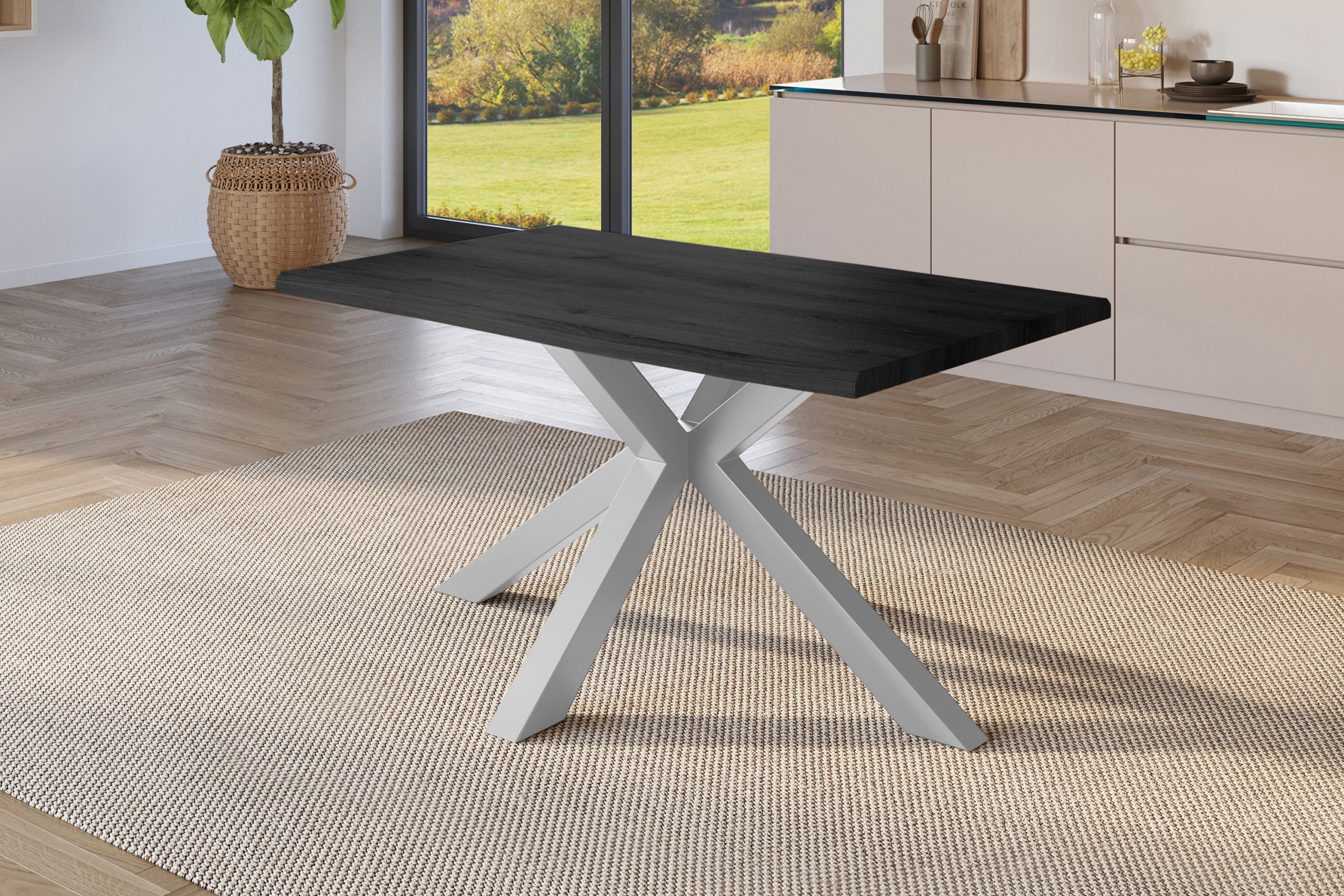 Esstisch 140x80 cm Baumkante Holz Grau-Optik Spider-Gestell Metall silber JULIUS