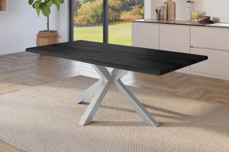 Esstisch 180x90 cm Baumkante Holz Grau-Optik Spider-Gestell Metall silber JULIUS