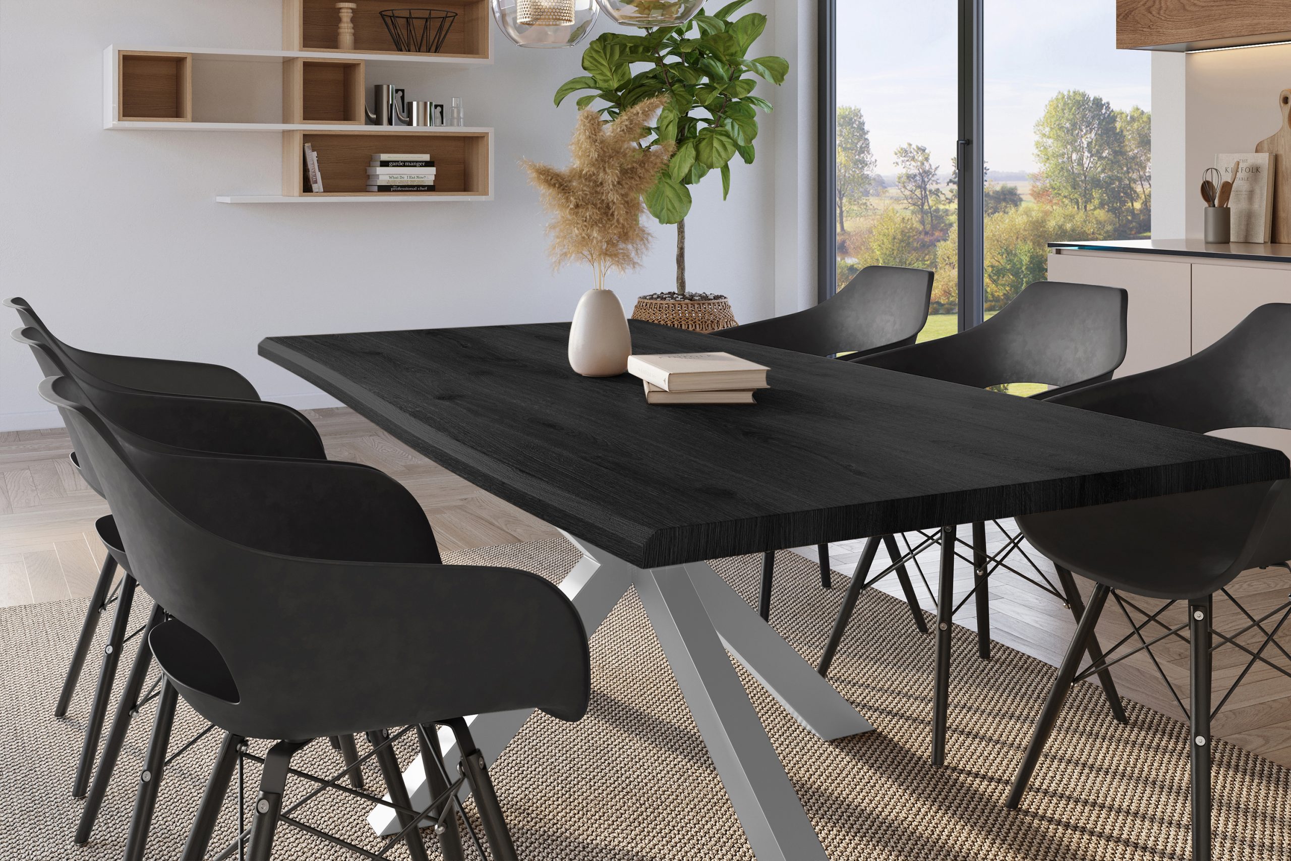 Esstisch 180x90 cm Baumkante Holz Grau-Optik Spider-Gestell Metall silber JULIUS – Bild 4