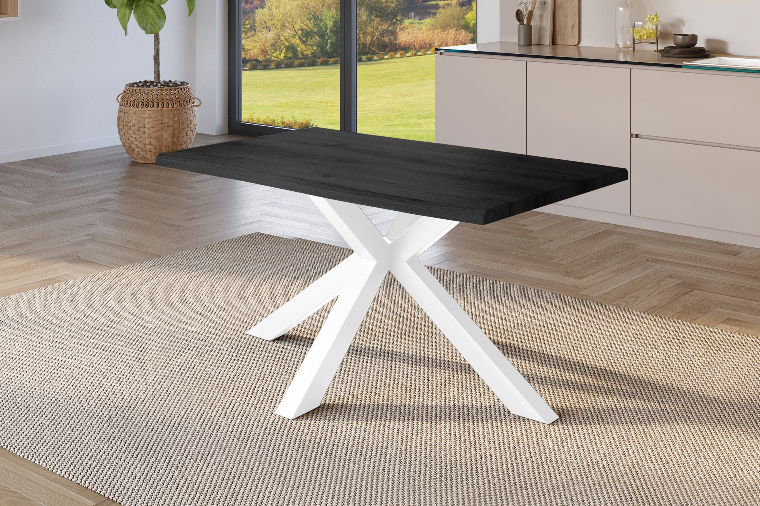 Esstisch 140x80 cm Baumkante Holz Grau-Optik Spider-Gestell Metall weiß JULIUS