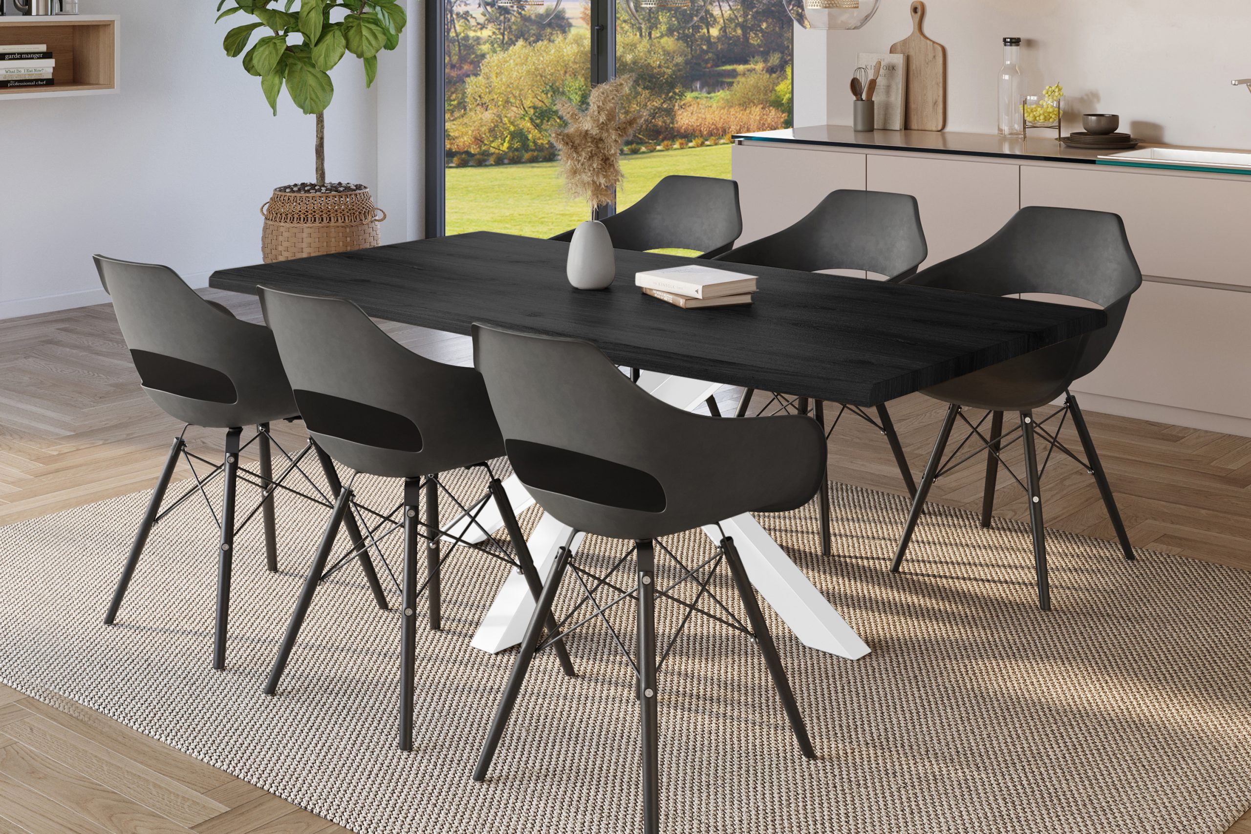 Esstisch 220x100 cm Baumkante Holz Grau-Optik Spider-Gestell Metall weiß JULIUS – Bild 5