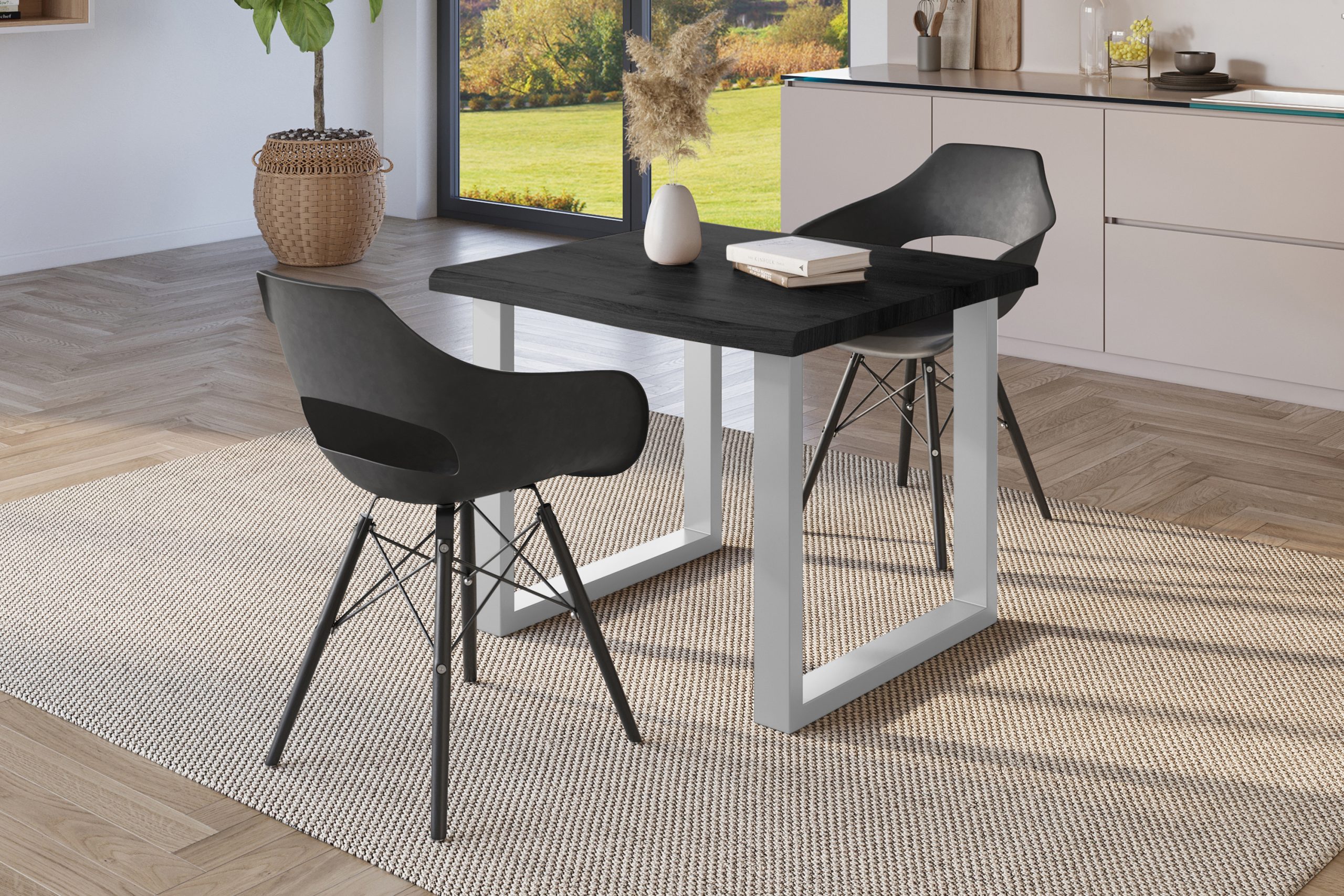 Esstisch 80x80 cm Baumkante Holz Grau-Optik U-Gestell Metall silber JULIUS – Bild 4