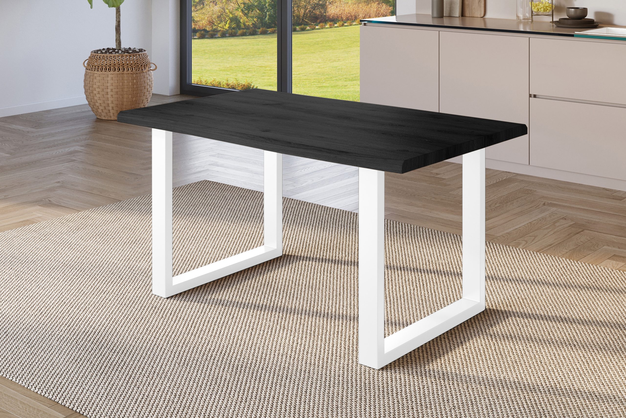 Esstisch 160x85 cm Baumkante Holz Grau-Optik U-Gestell Metall weiß JULIUS