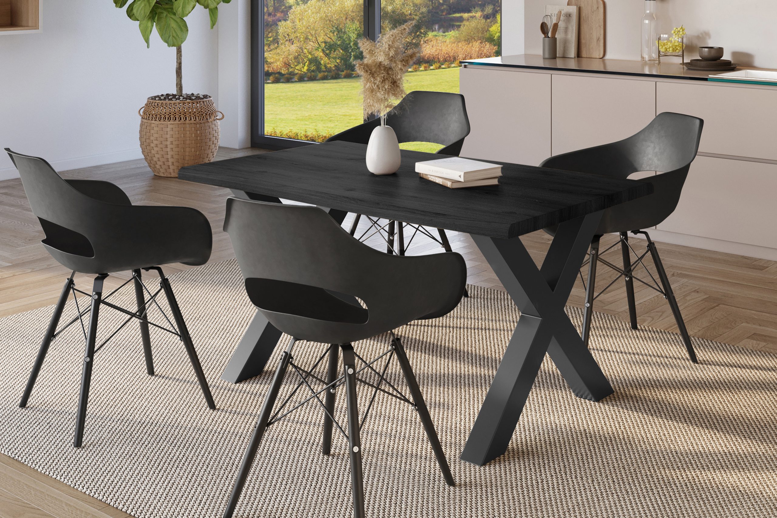 Esstisch 120x80 cm Baumkante Holz Grau-Optik X-Gestell Metall schwarz JULIUS – Bild 4