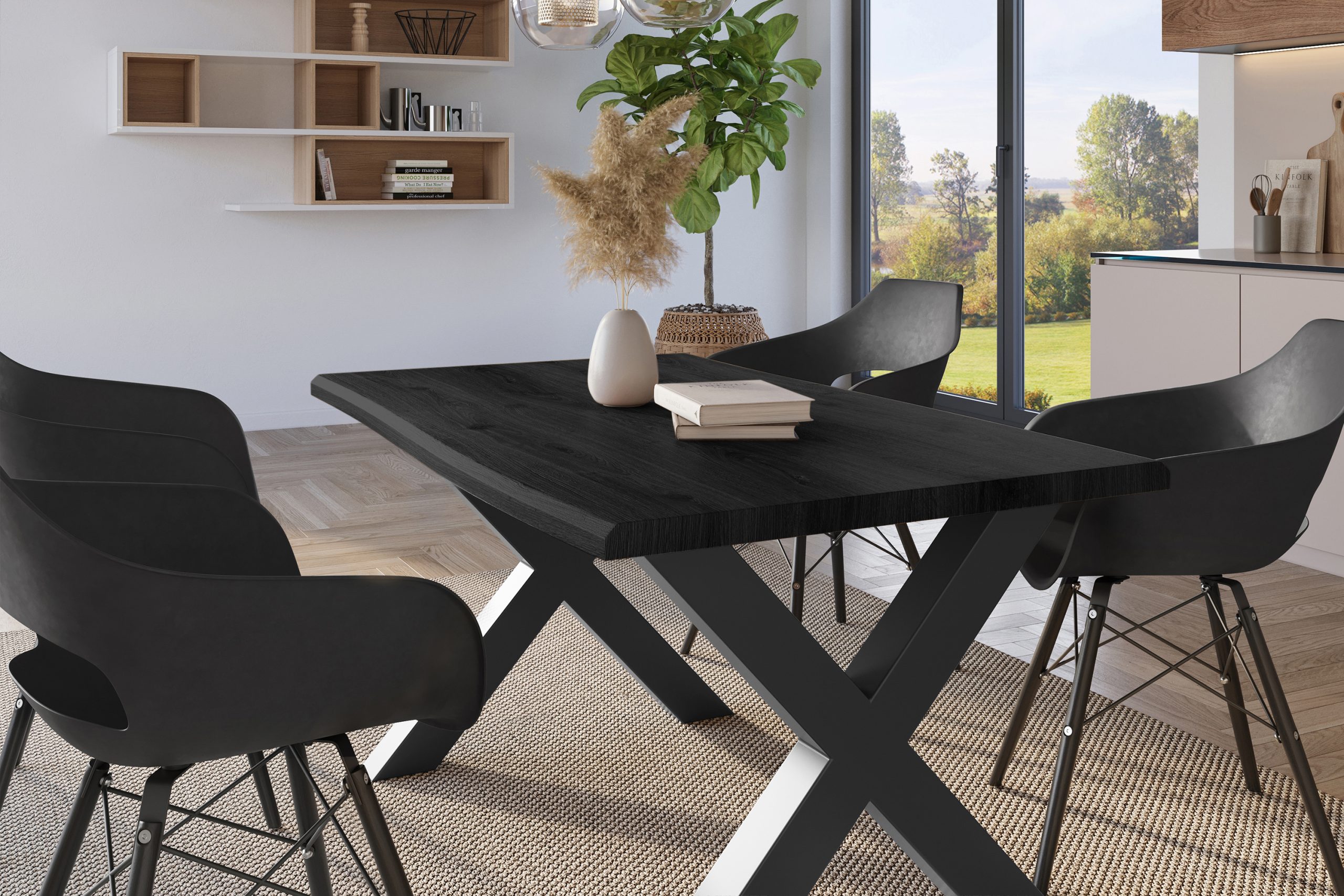 Esstisch 140x80 cm Baumkante Holz Grau-Optik X-Gestell Metall schwarz JULIUS – Bild 5