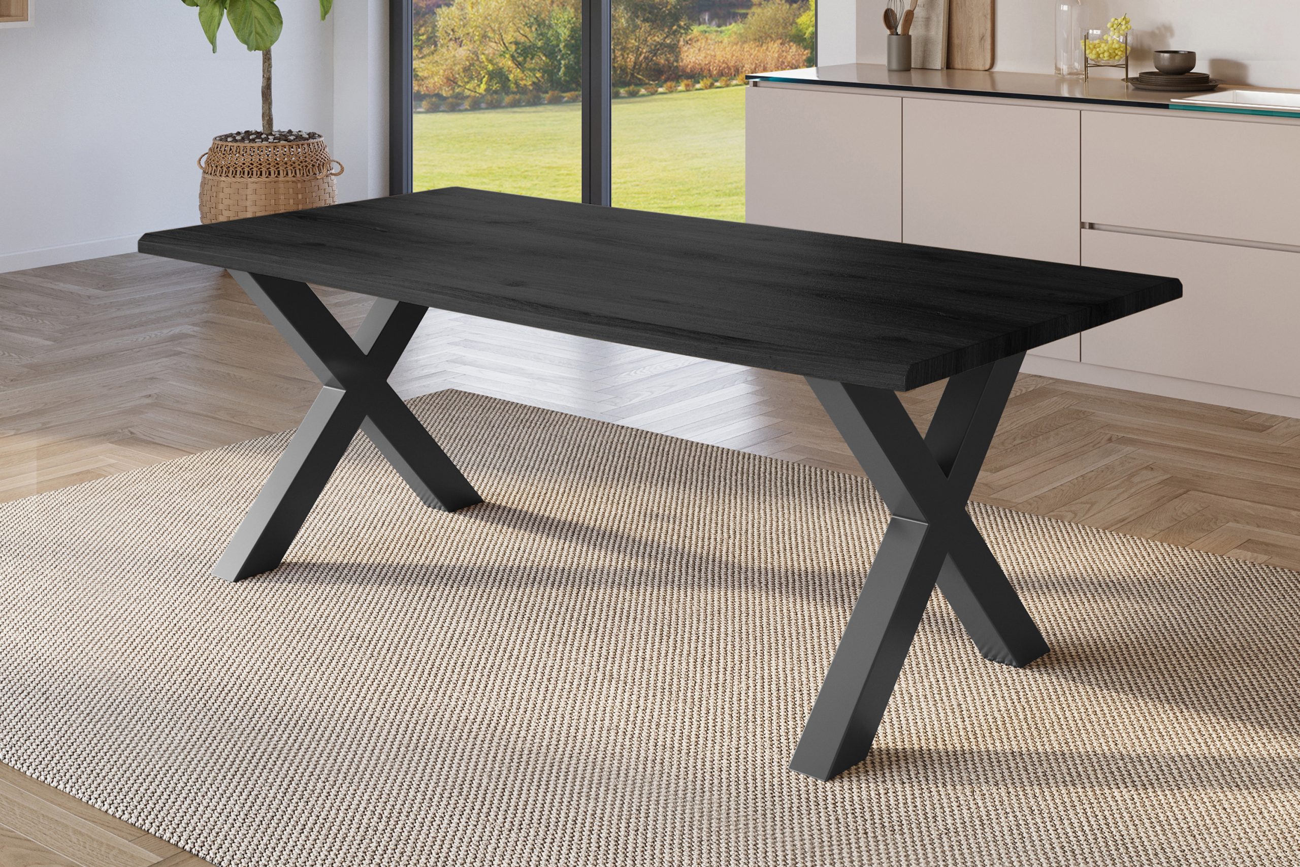 Esstisch 180x90 cm Baumkante Holz Grau-Optik X-Gestell Metall schwarz JULIUS
