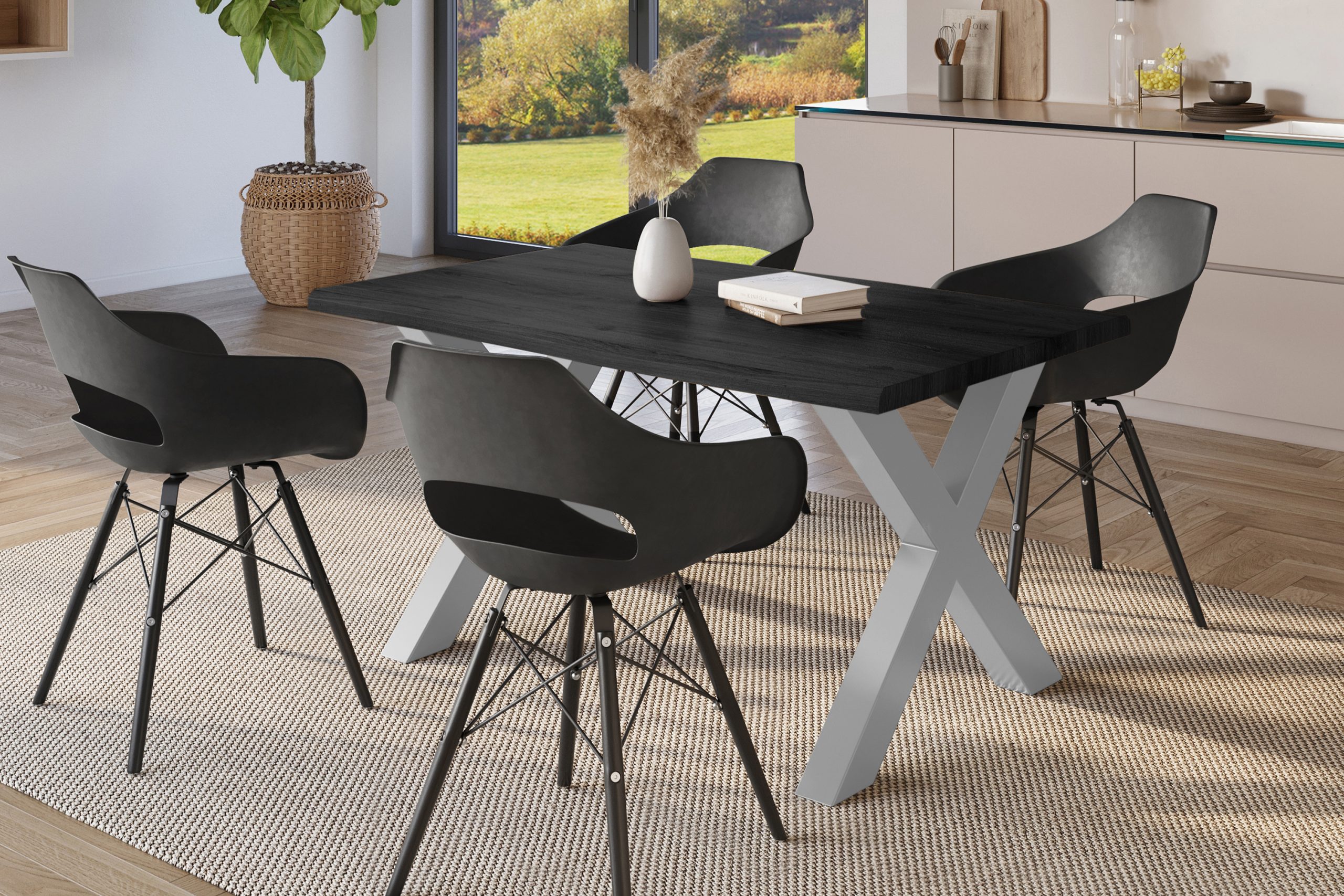 Esstisch 120x80 cm Baumkante Holz Grau-Optik X-Gestell Metall silber JULIUS – Bild 4