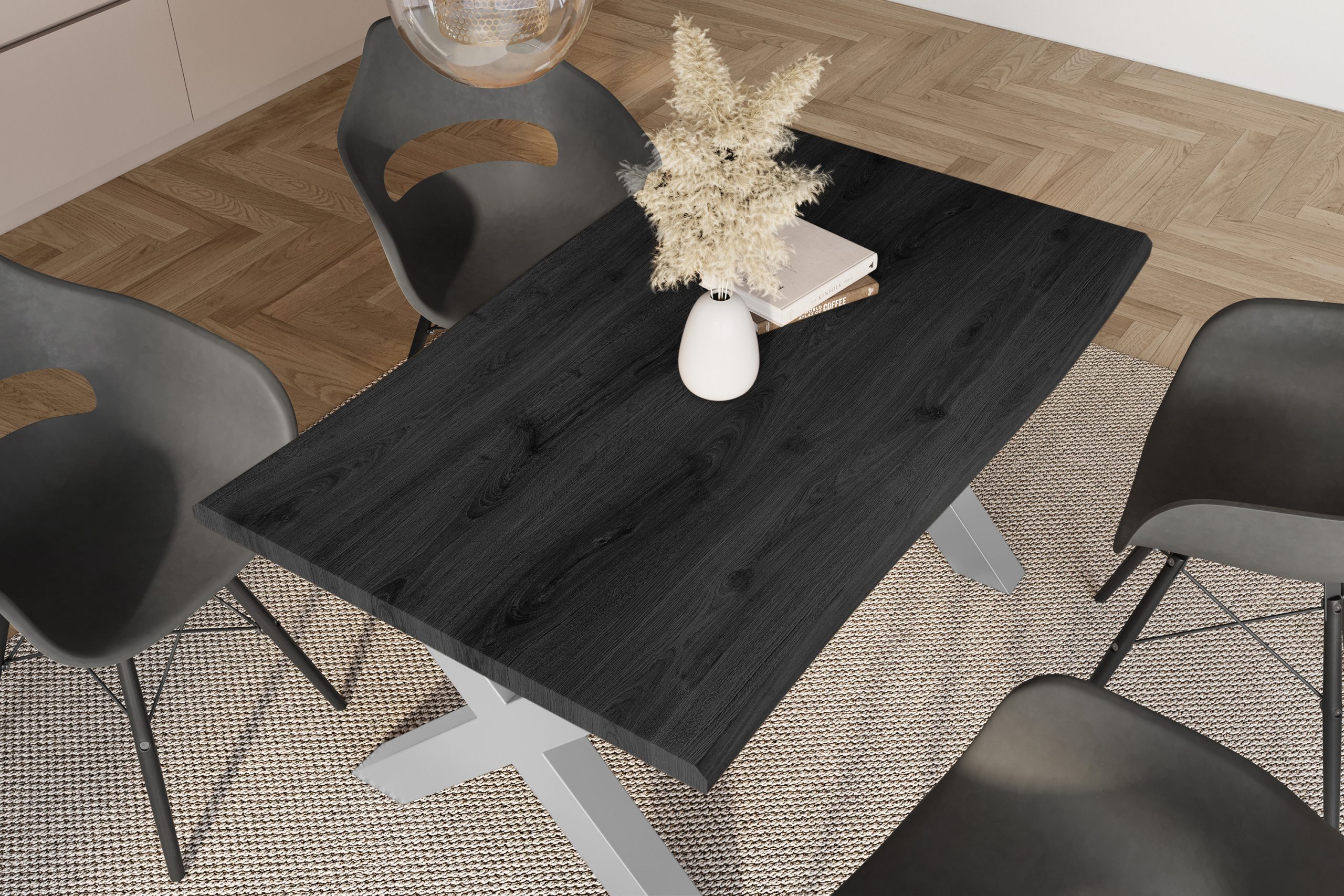 Esstisch 120x80 cm Baumkante Holz Grau-Optik X-Gestell Metall silber JULIUS – Bild 6