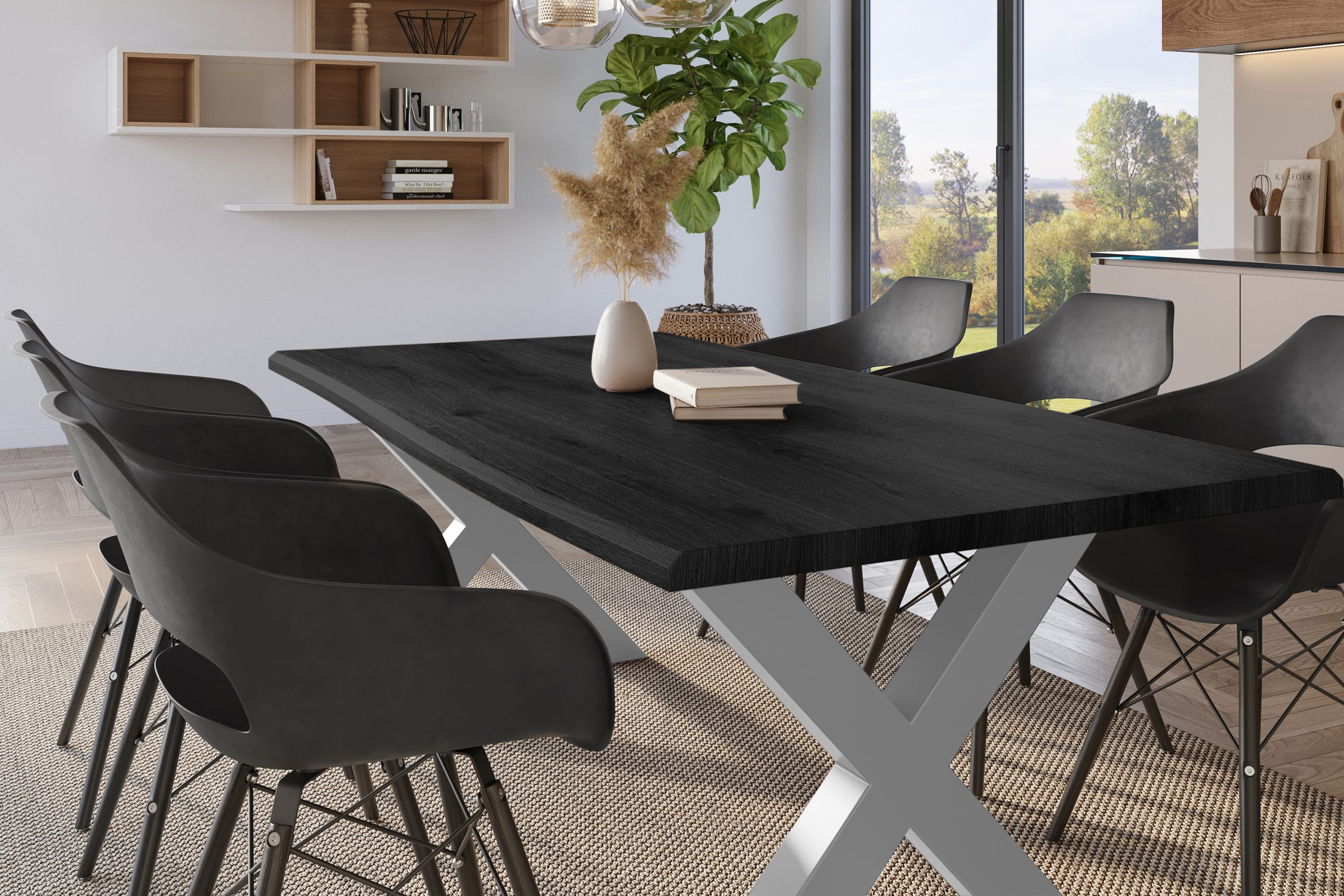 Esstisch 180x90 cm Baumkante Holz Grau-Optik X-Gestell Metall silber JULIUS – Bild 5